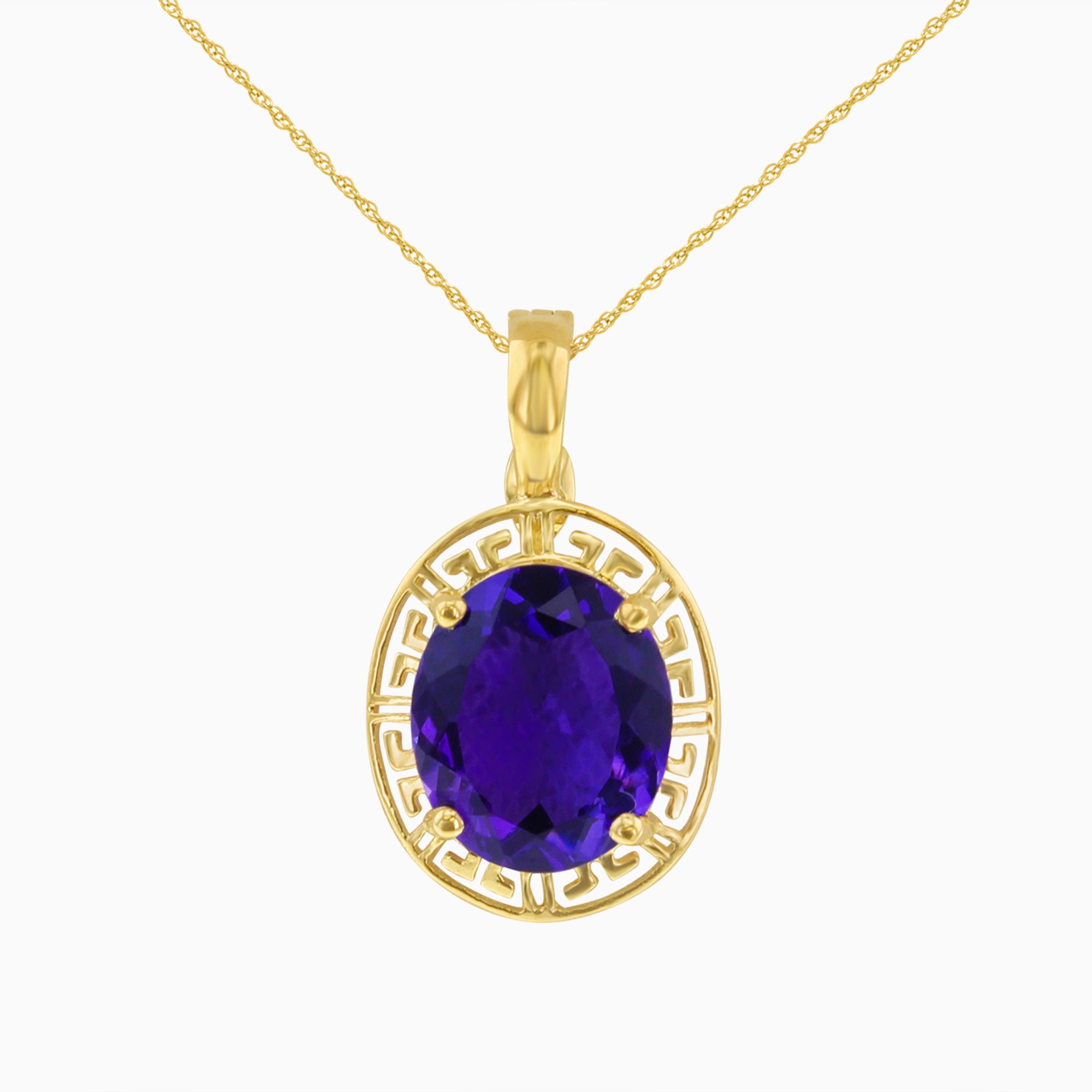 12MM Oval Amethyst Necklace with Greek Key Bezel