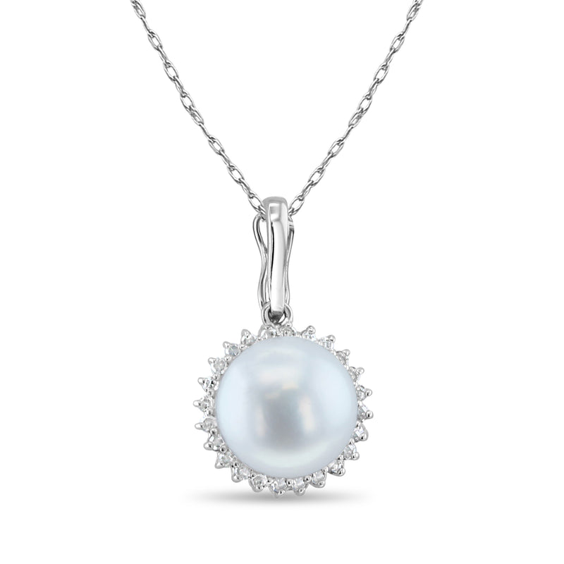 10MM Pearl Diamond Halo Necklace 14k White Gold