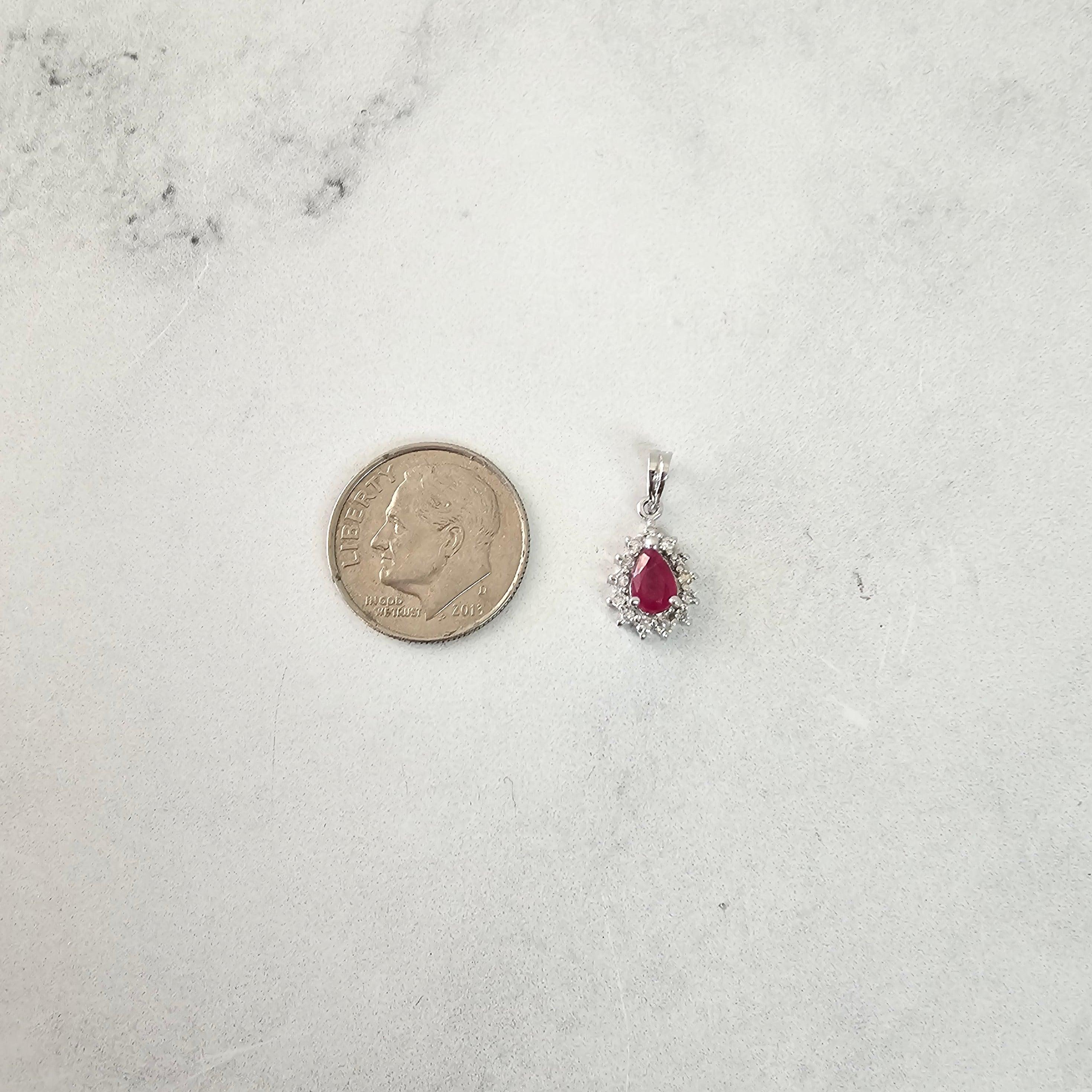 Pear Shaped Ruby Diamond Halo Necklace 14k White Gold