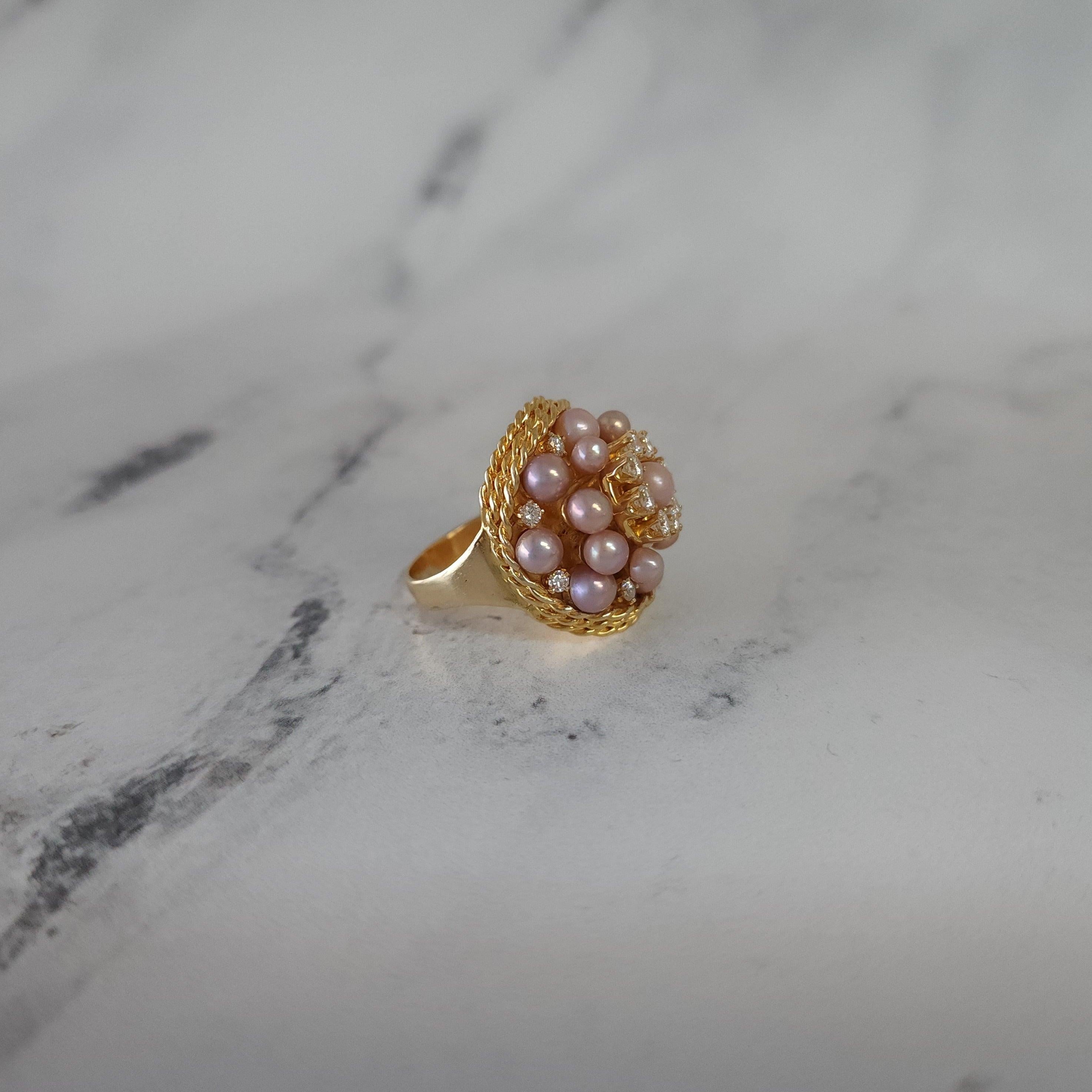 Pink Pearl & Diamond Triple Halo Cocktail Ring with Rope Design