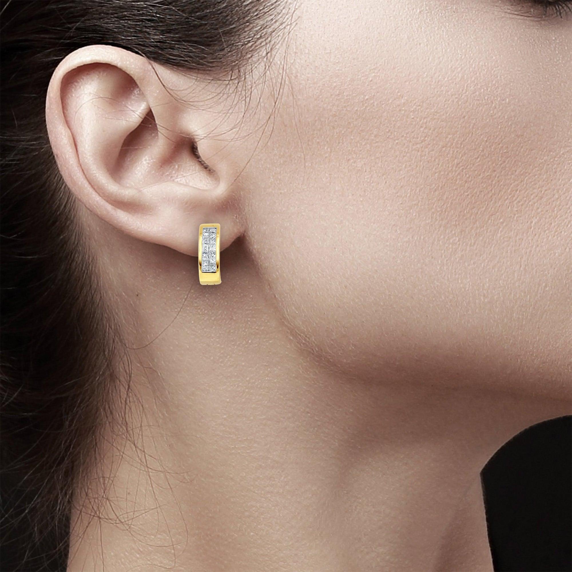Princess Cut Huggie Earrings 14k Yellow Gold
