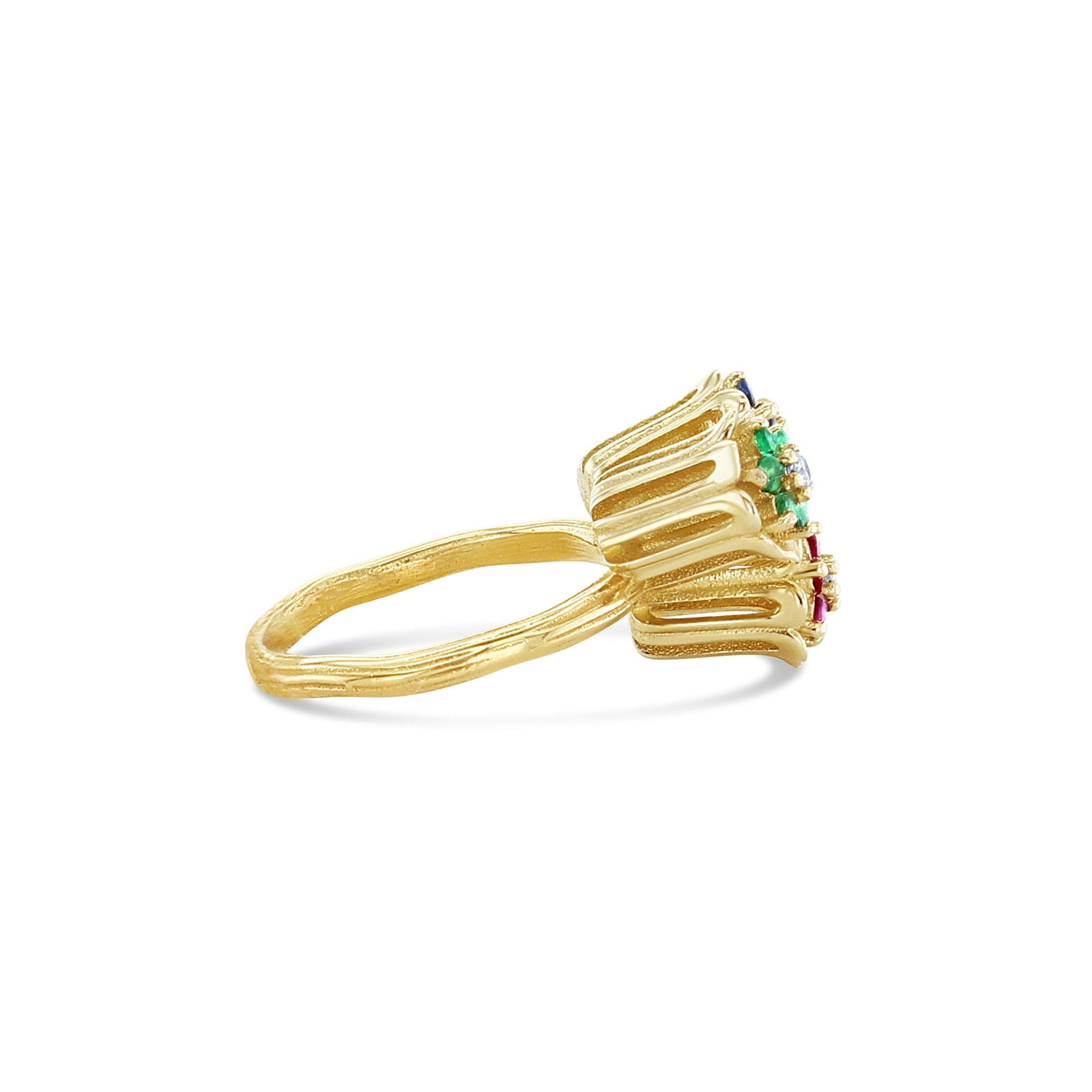 Anillo de oro amarillo de 14 k con flor de tulipán, zafiro, esmeralda y rubí