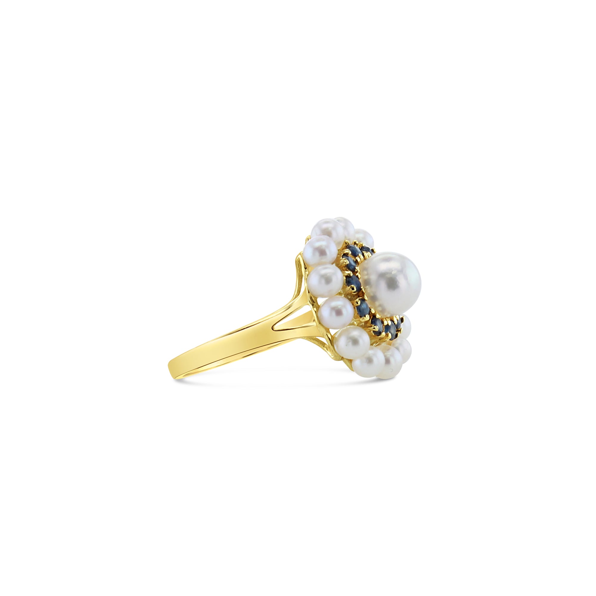 Anillo de oro amarillo de 14 k con doble halo de zafiro y perla