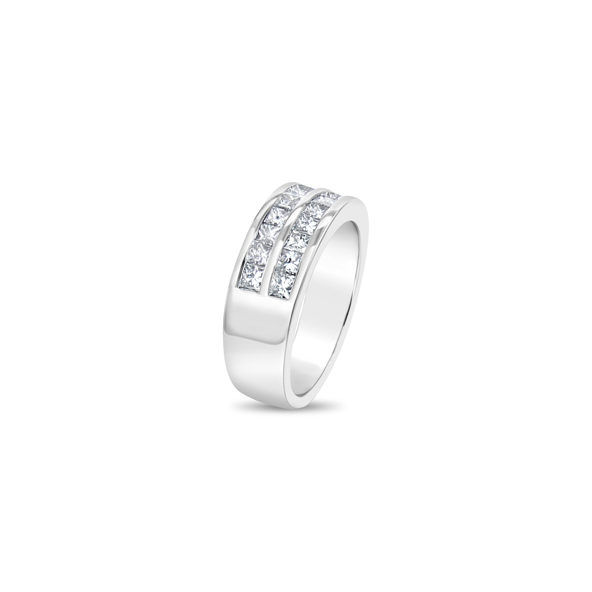 Alianza de boda con canal de corte princesa de 1,75 ct en oro blanco de 14 k