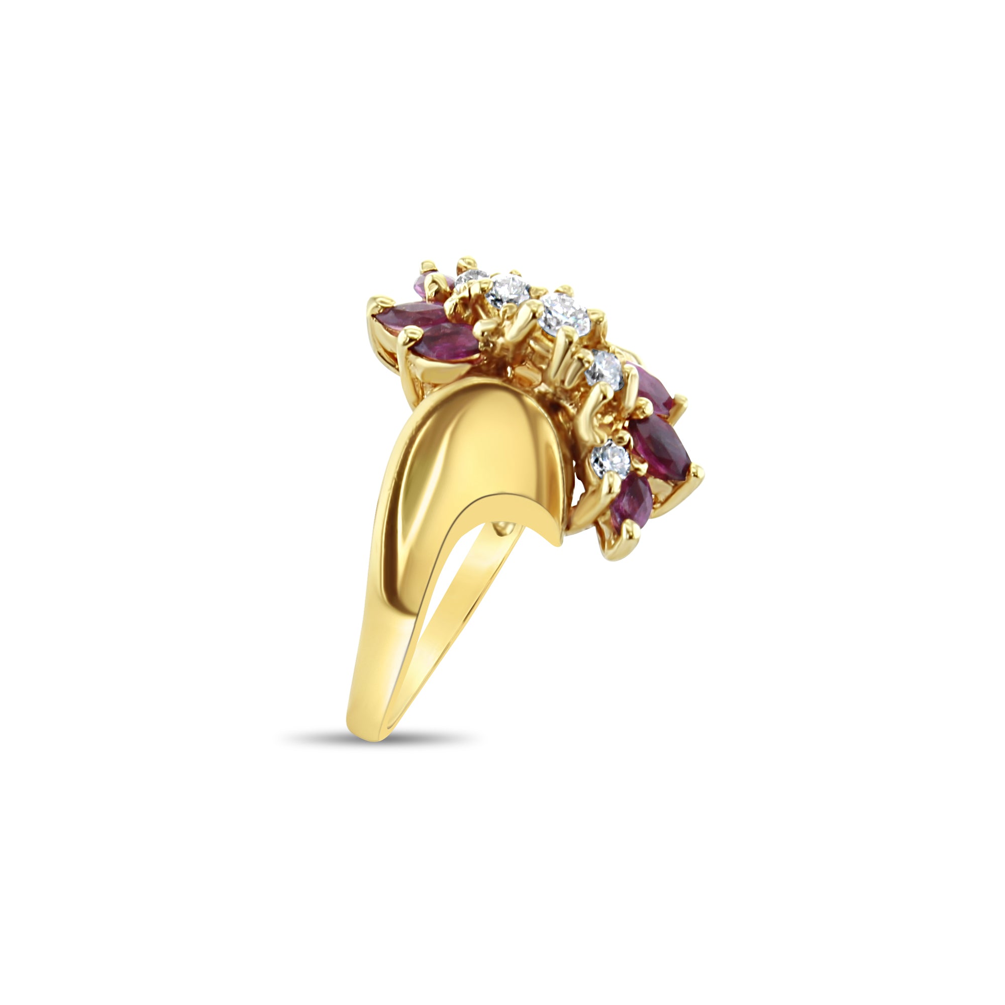 Anillo de diamantes y rubíes en racimo vertical de oro amarillo de 14 k