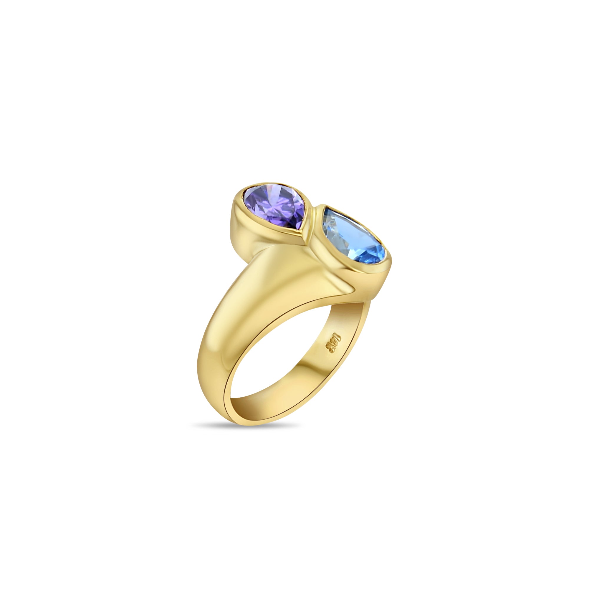 Anillo en forma de pera con topacio azul y amatista