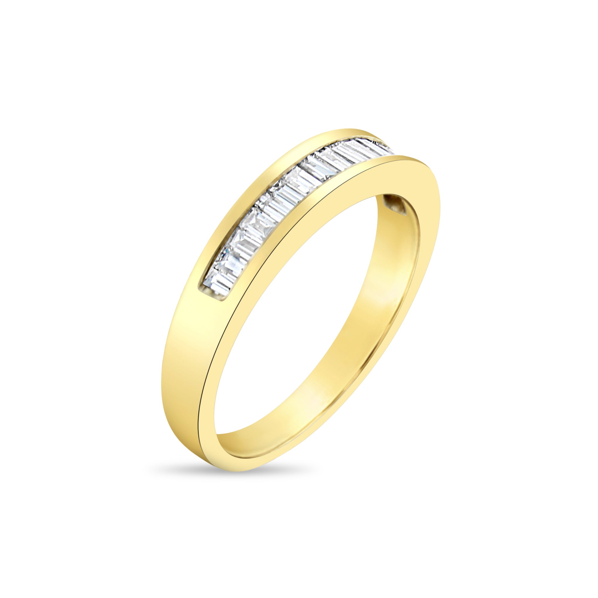 Alianza de boda con diamantes de talla baguette cónica y diseño acentuado en oro de dos tonos de 14 k