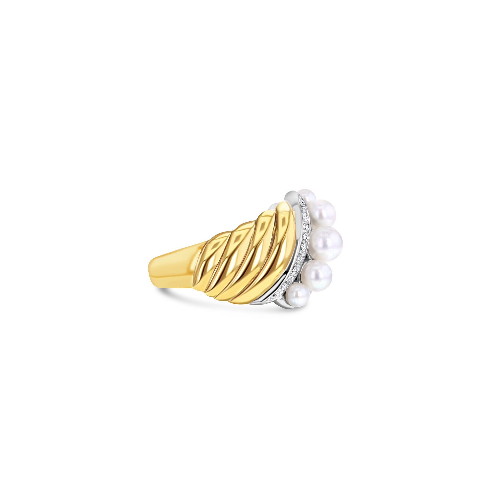 Bague de déclaration en or jaune 14 carats avec perles et diamants