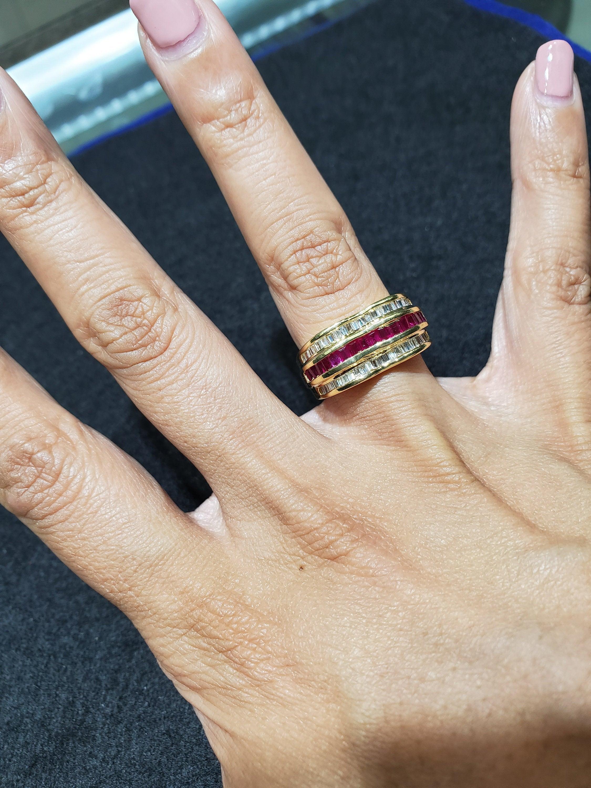Ruby & Diamond Baguette Cocktail Ring 14k Yellow Gold