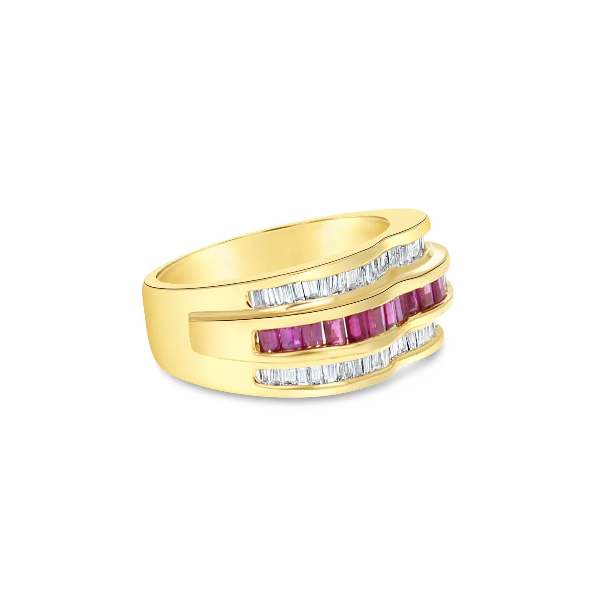 Ruby & Diamond Baguette Cocktail Ring 14k Yellow Gold