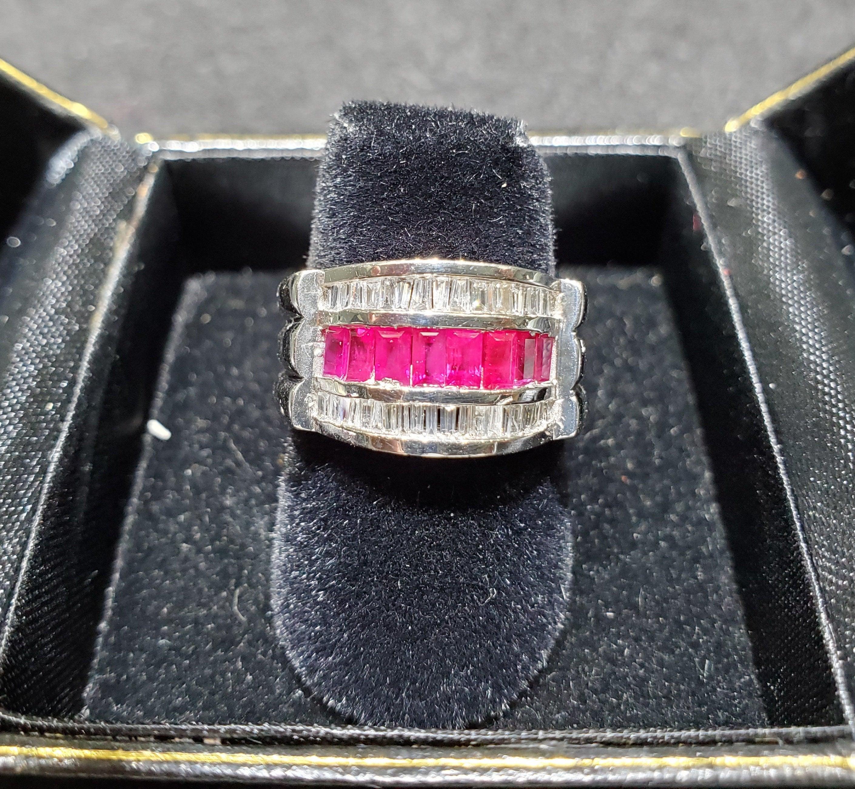 Ruby & Diamond Baguette Cocktail Ring 2.00cttw 14k White Gold