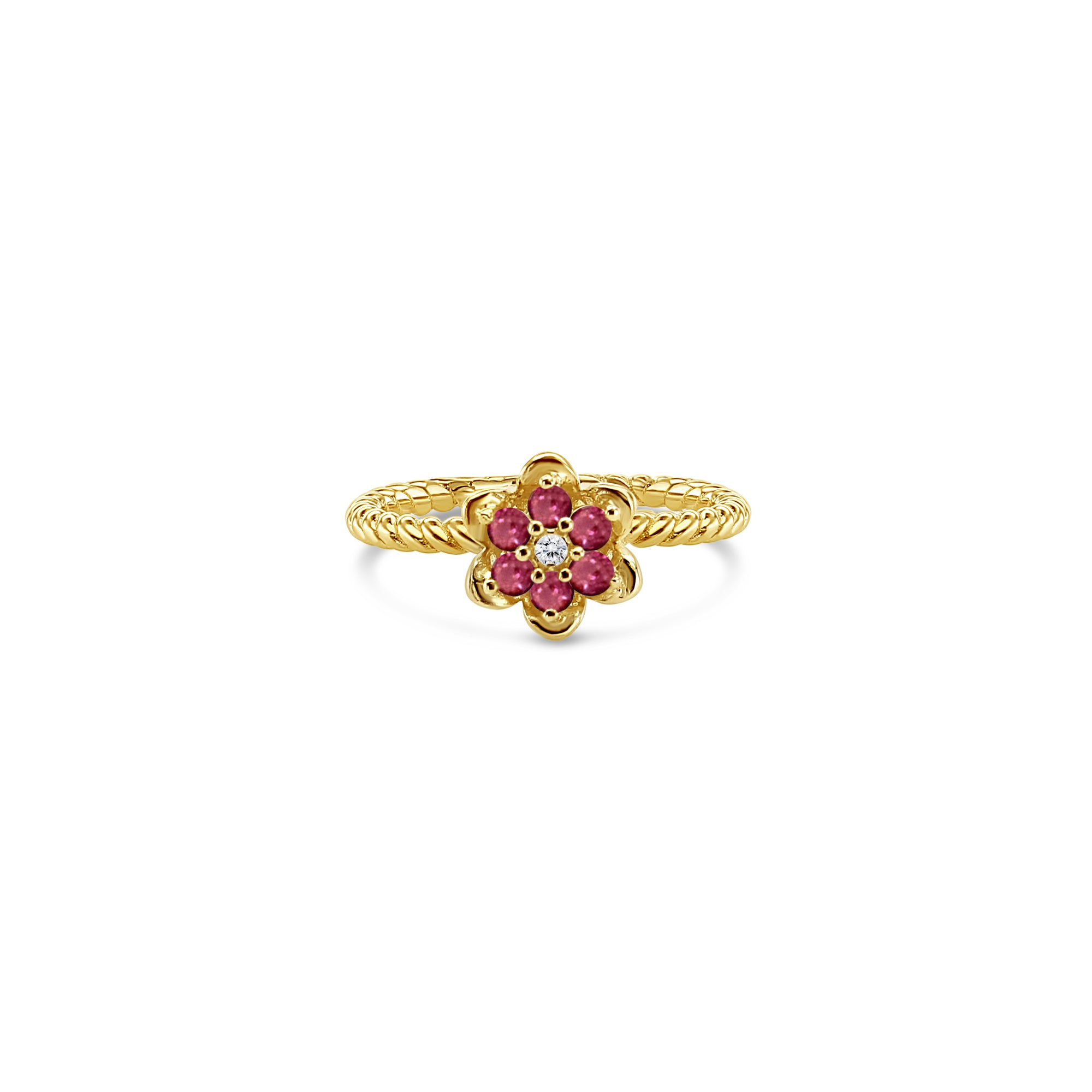 Anillo de oro amarillo de 14 k con flor de tulipán y rubí