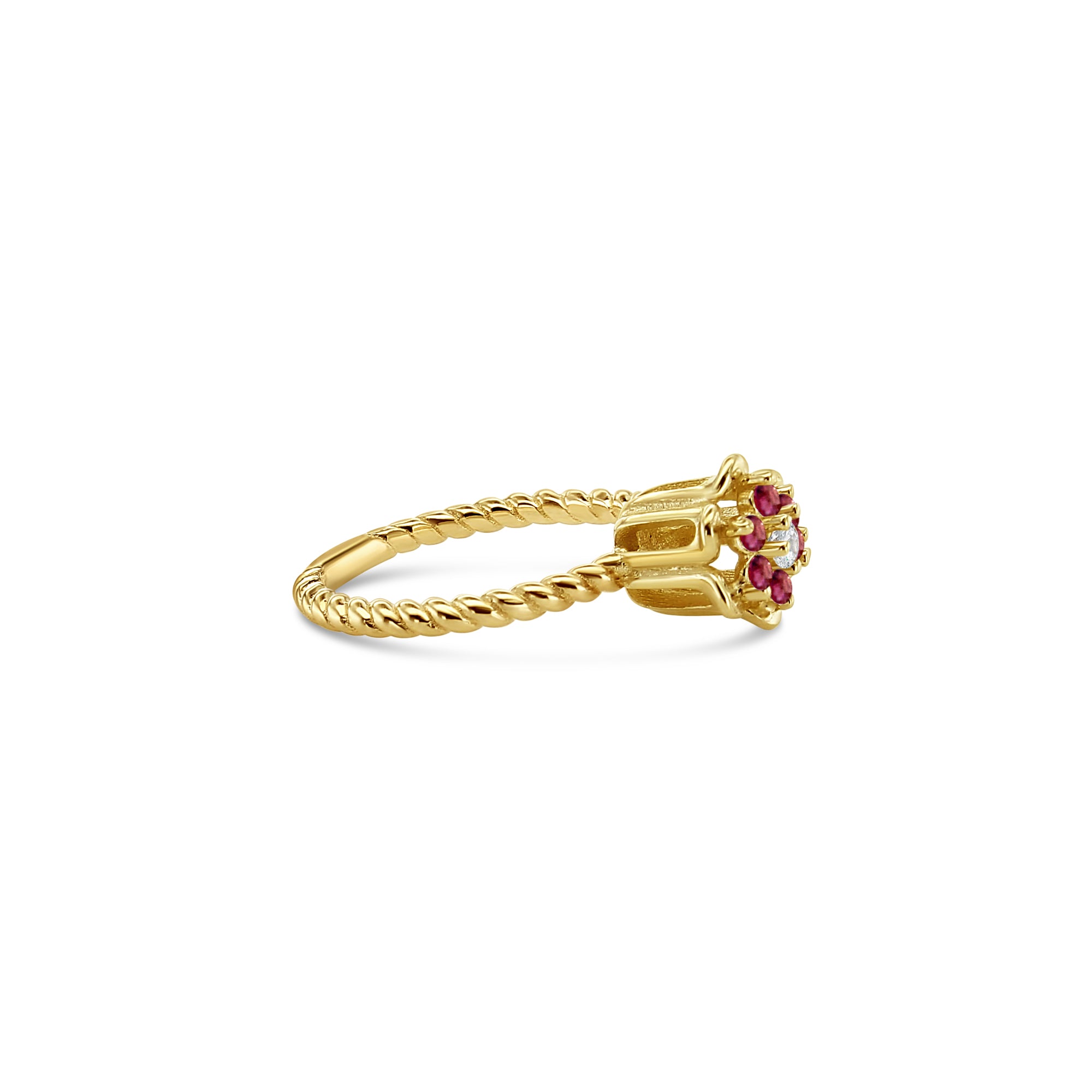 Anillo de oro amarillo de 14 k con flor de tulipán y rubí