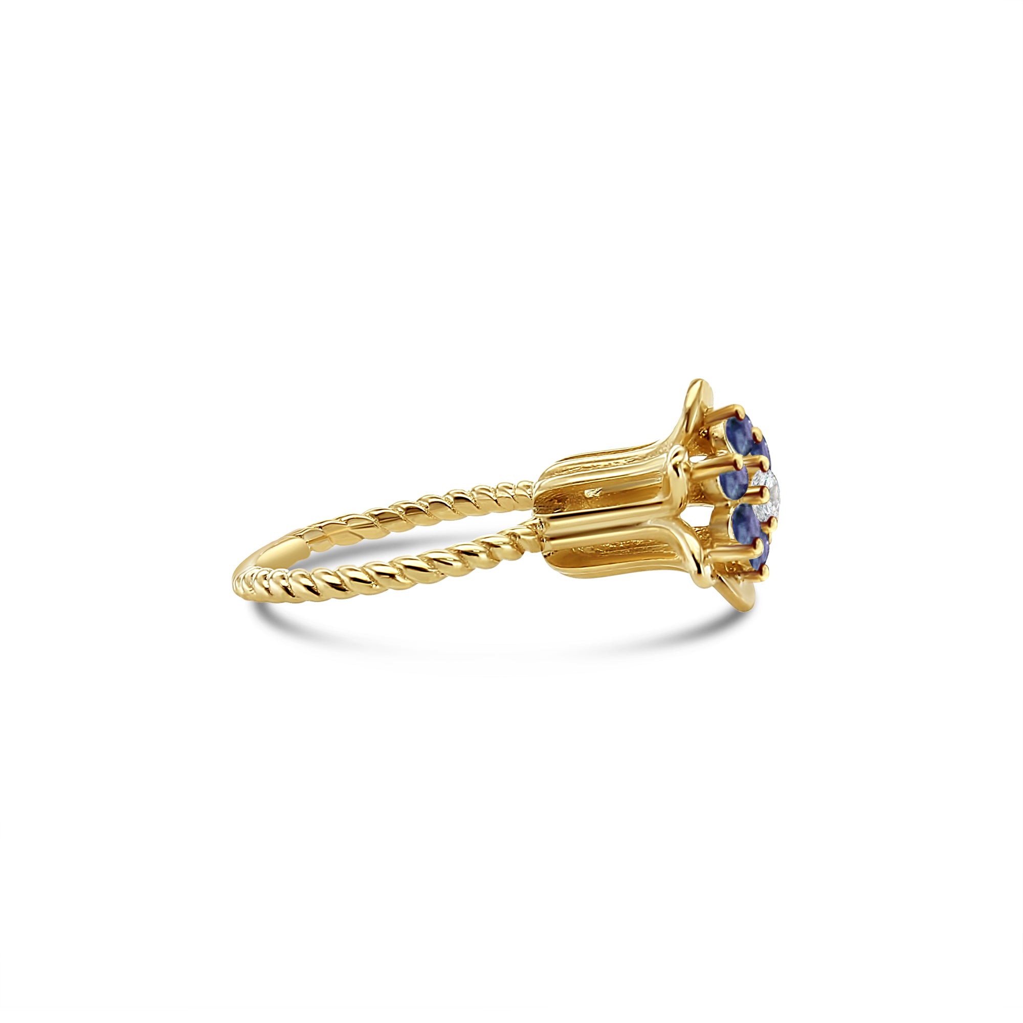 Anillo alto de oro amarillo de 14 k con tulipán y zafiro