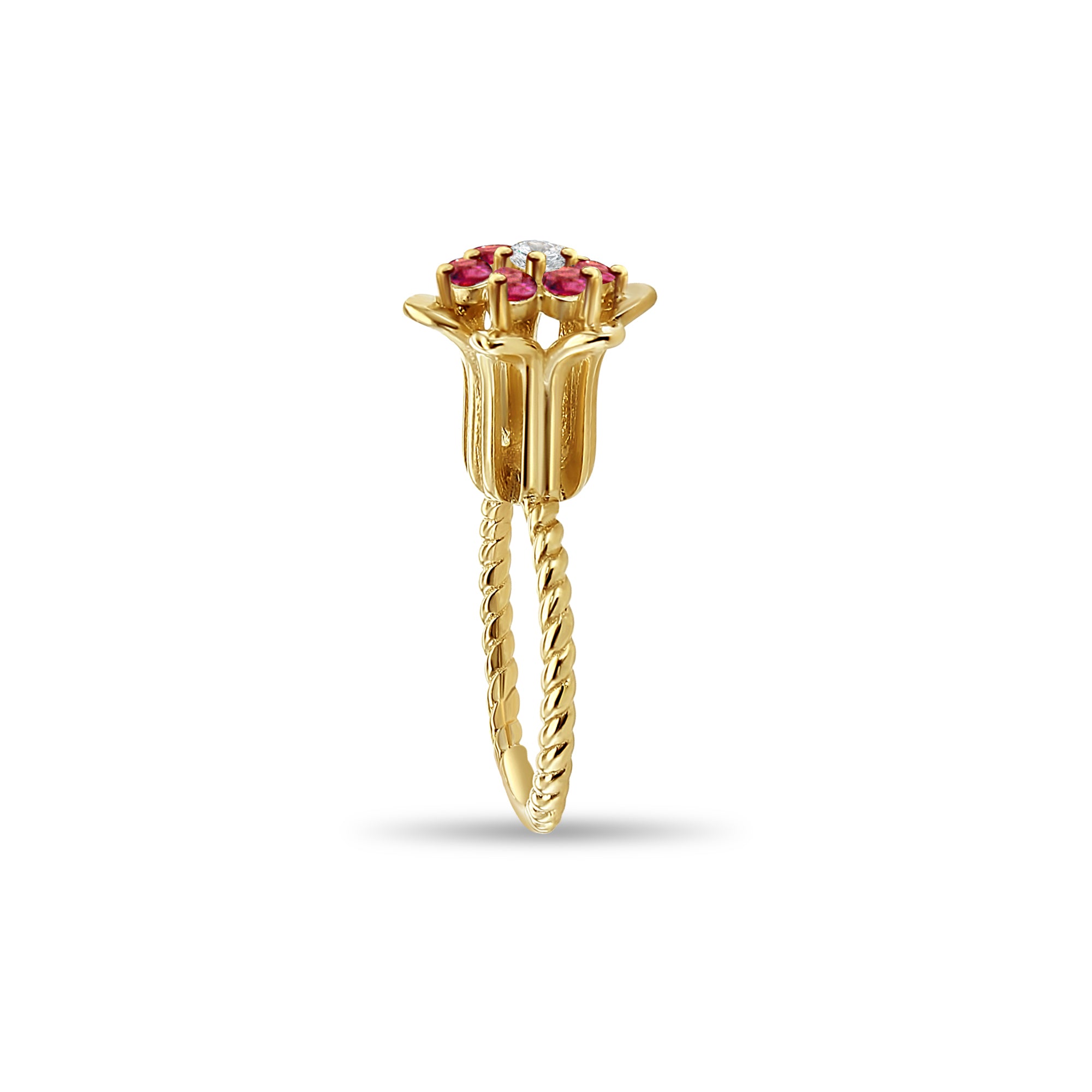 Anillo alto con tulipán y rubí en oro amarillo de 14 k