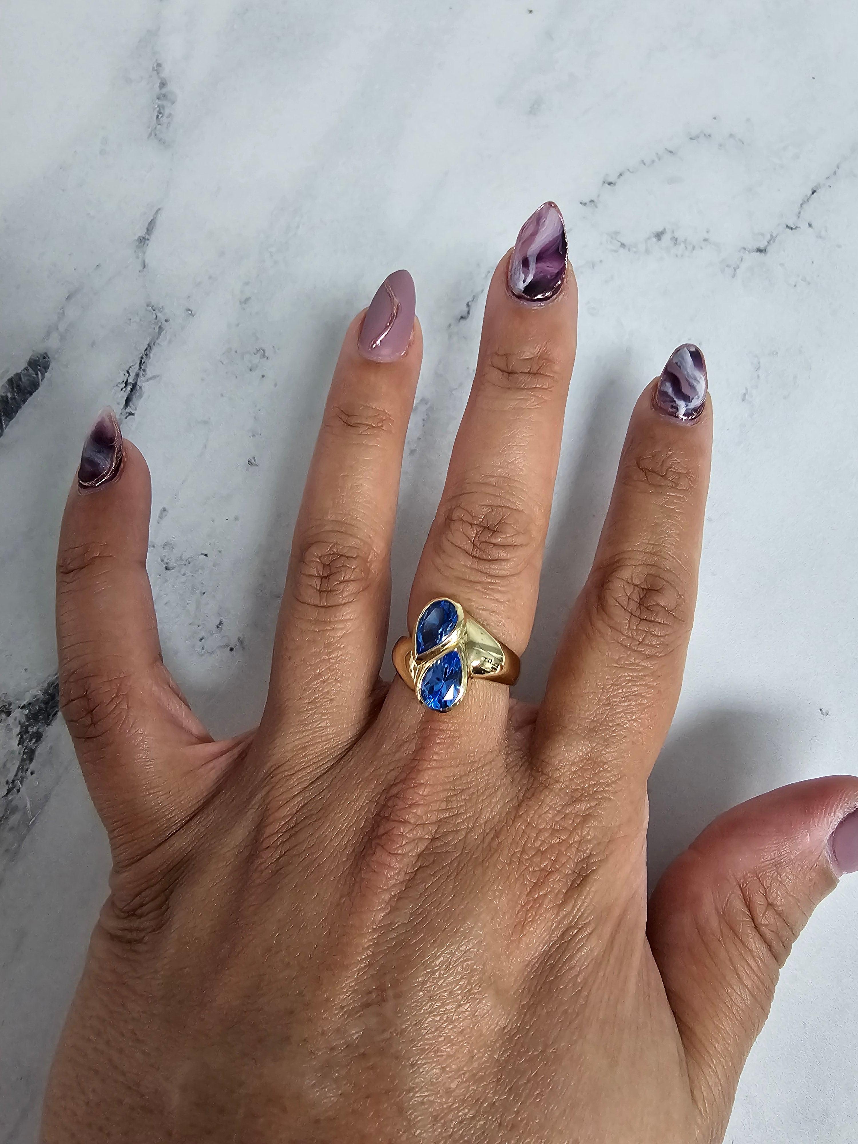 Teardrop Blue Topaz Bypass Ring 14k Yellow Gold