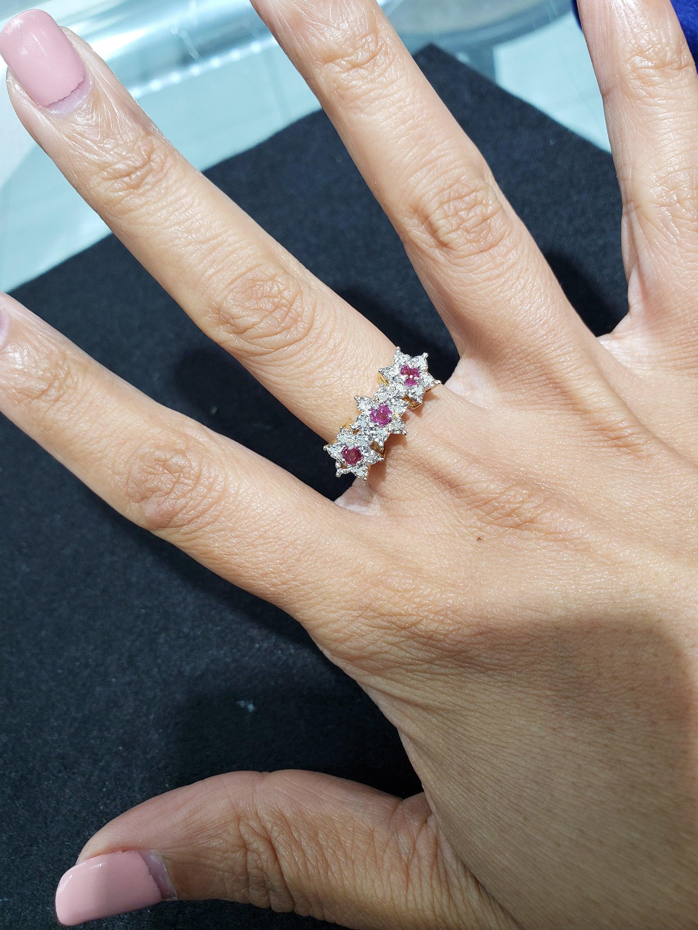 Three Flower Shaped Diamond Ruby Ring 14k Yellow Gold