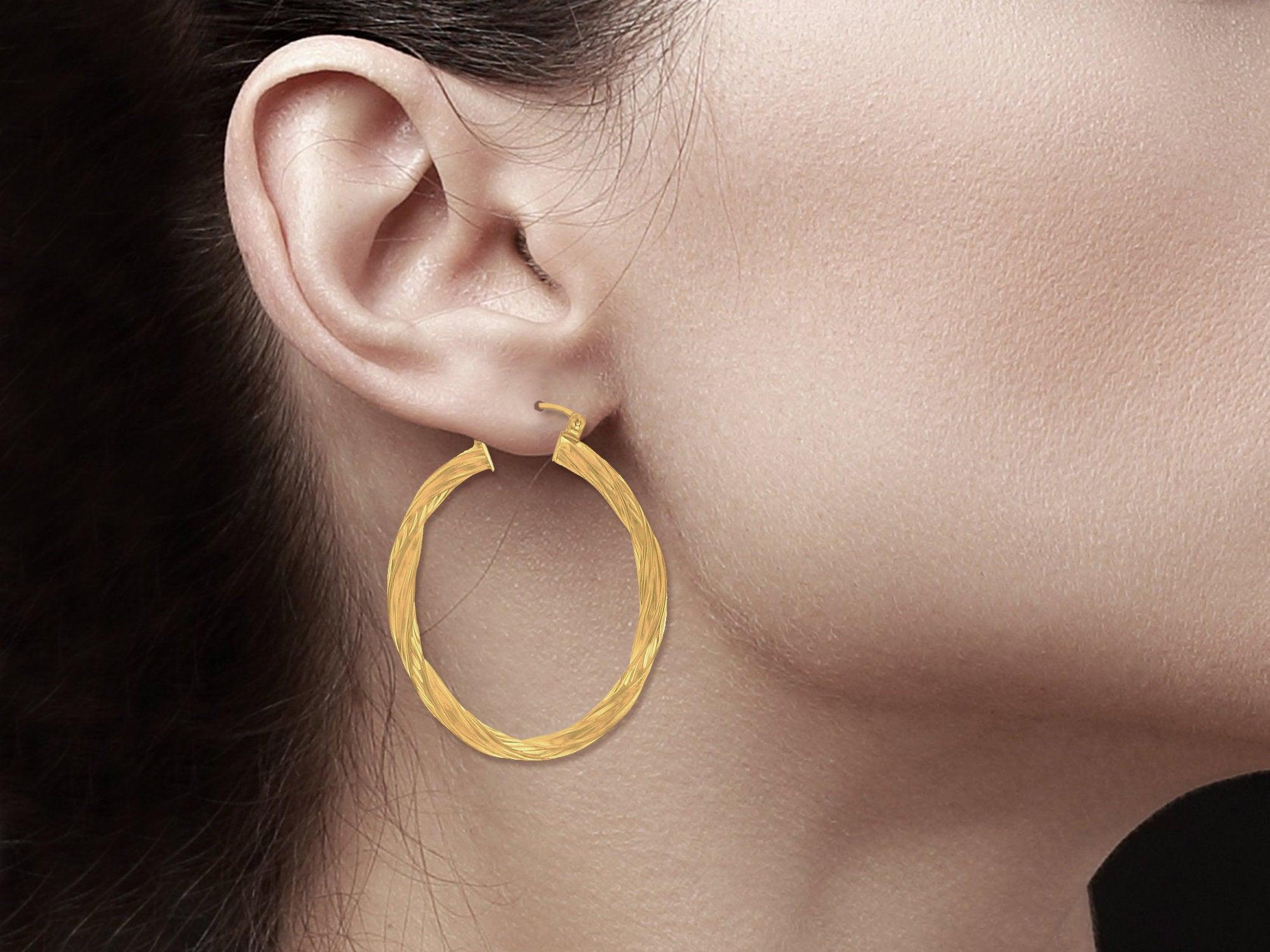 Twisted Diamond Cut Gold Hoops 14k Yellow Gold