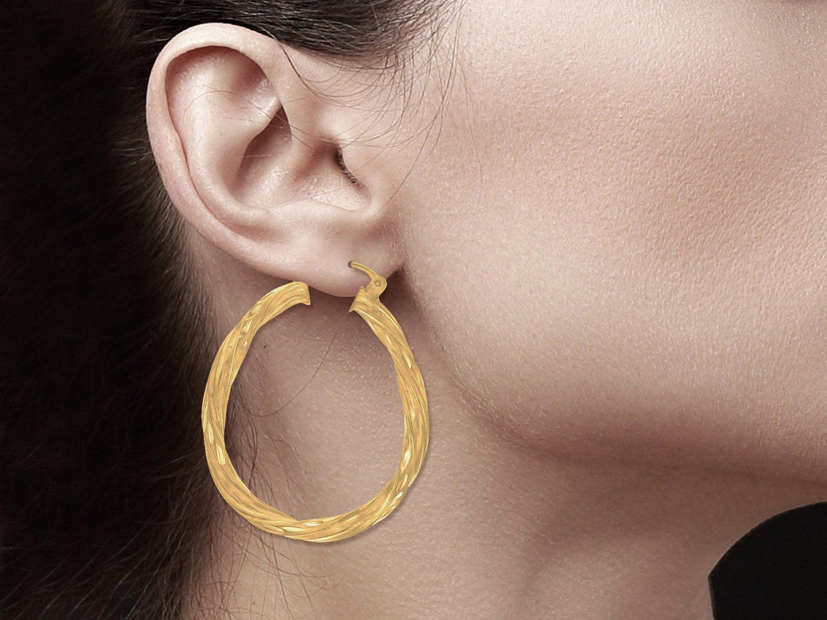 Twisted Diamond Cut Gold Hoops 14k Yellow Gold