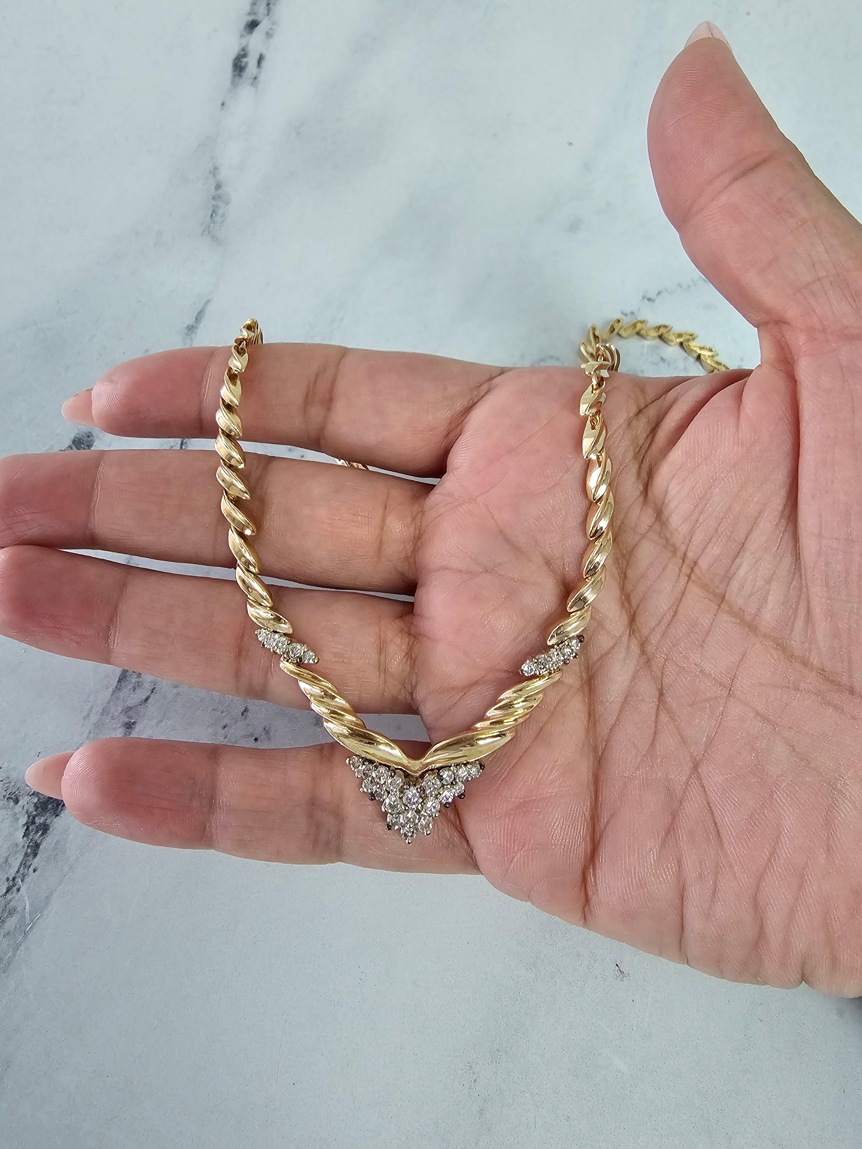 'V' Shaped Two-Toned Diamond Vintage Style Necklace