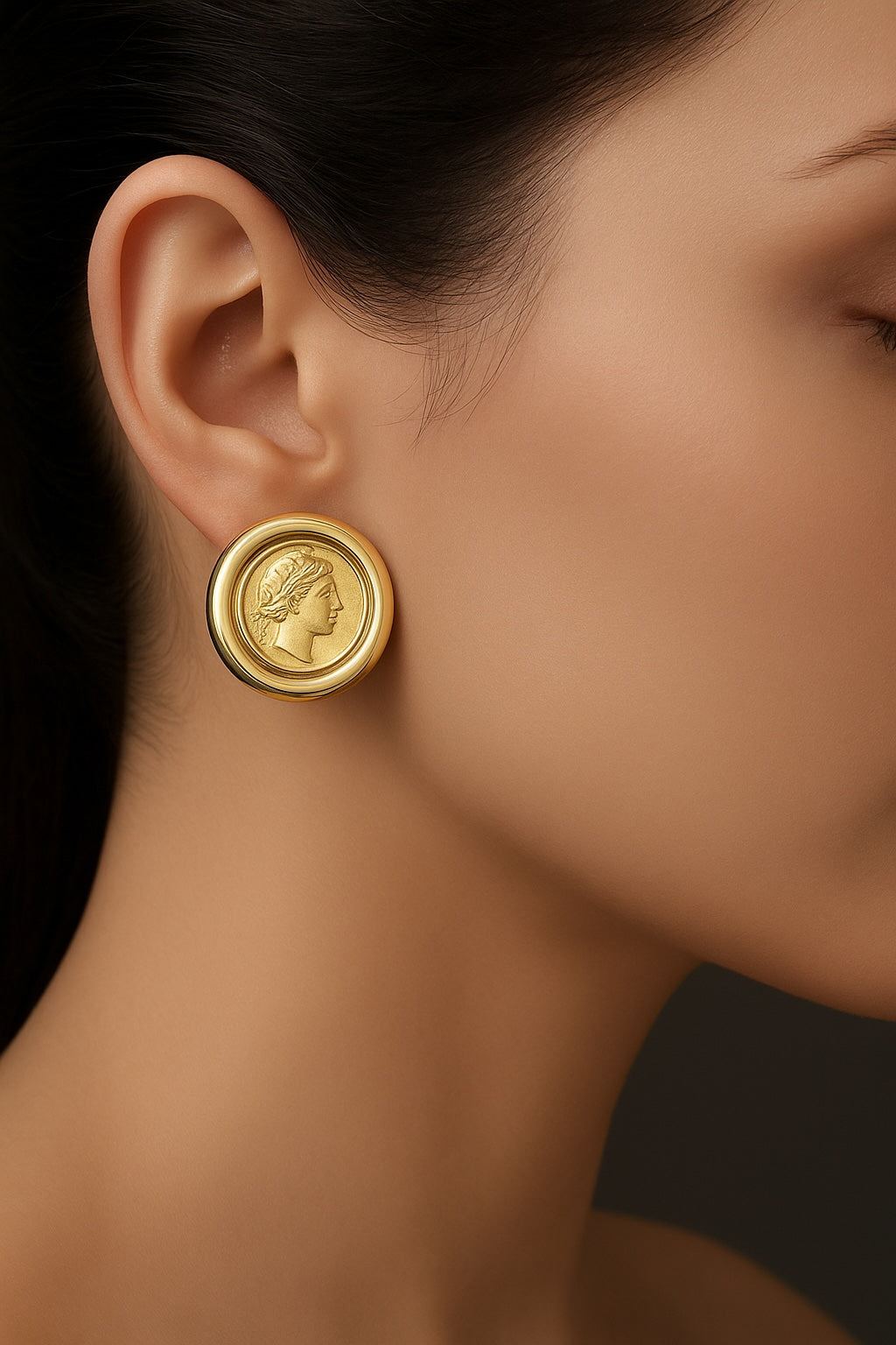 Greek Goddess Aphrodite with Dove Design Omega Clip-On Earrings