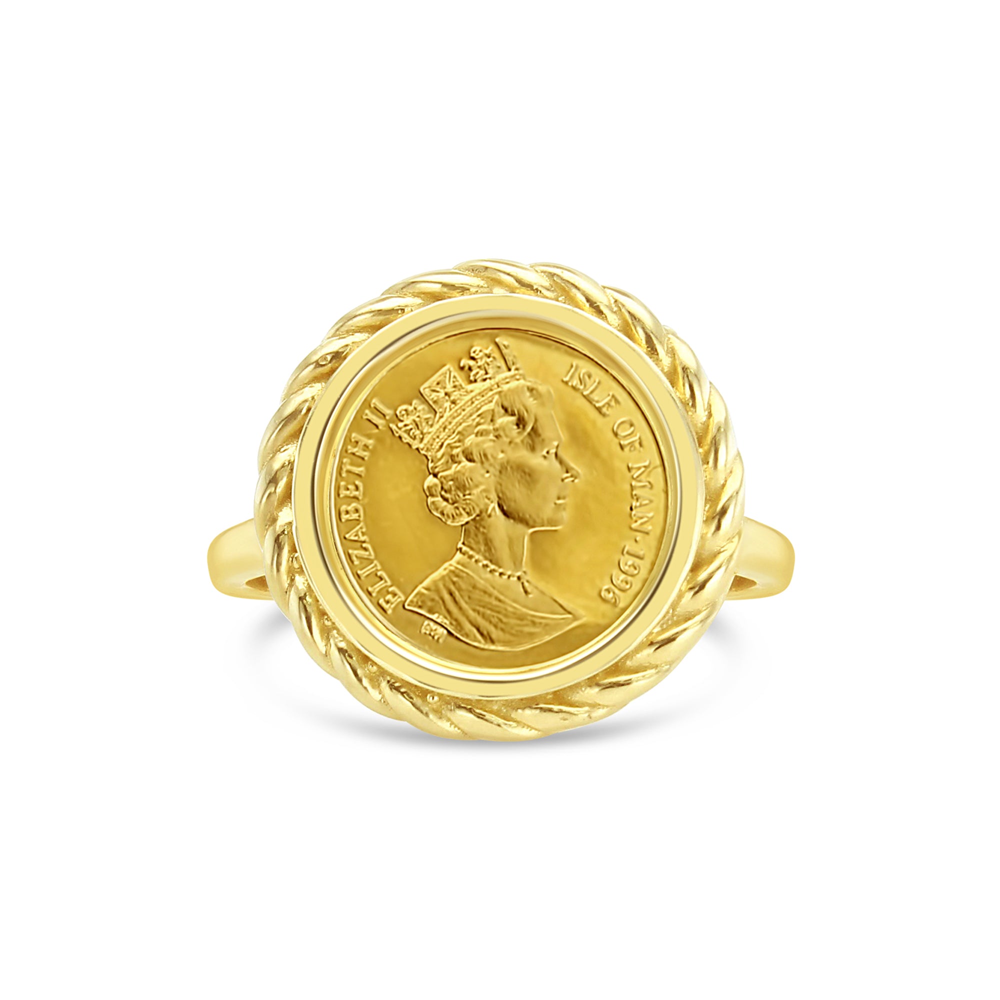 Elizabeth II Isle of Man Gold Coin Rope Ring 14k Yellow Gold
