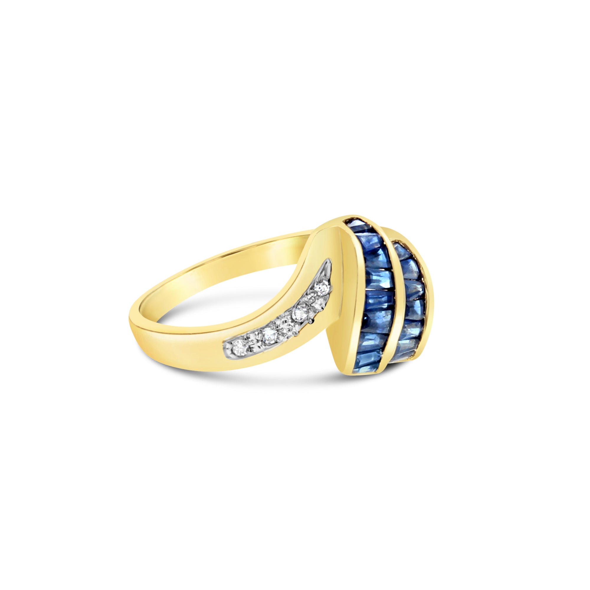 Anillo baguette con diamantes y zafiros de 1,08 ct en oro amarillo de 14 quilates