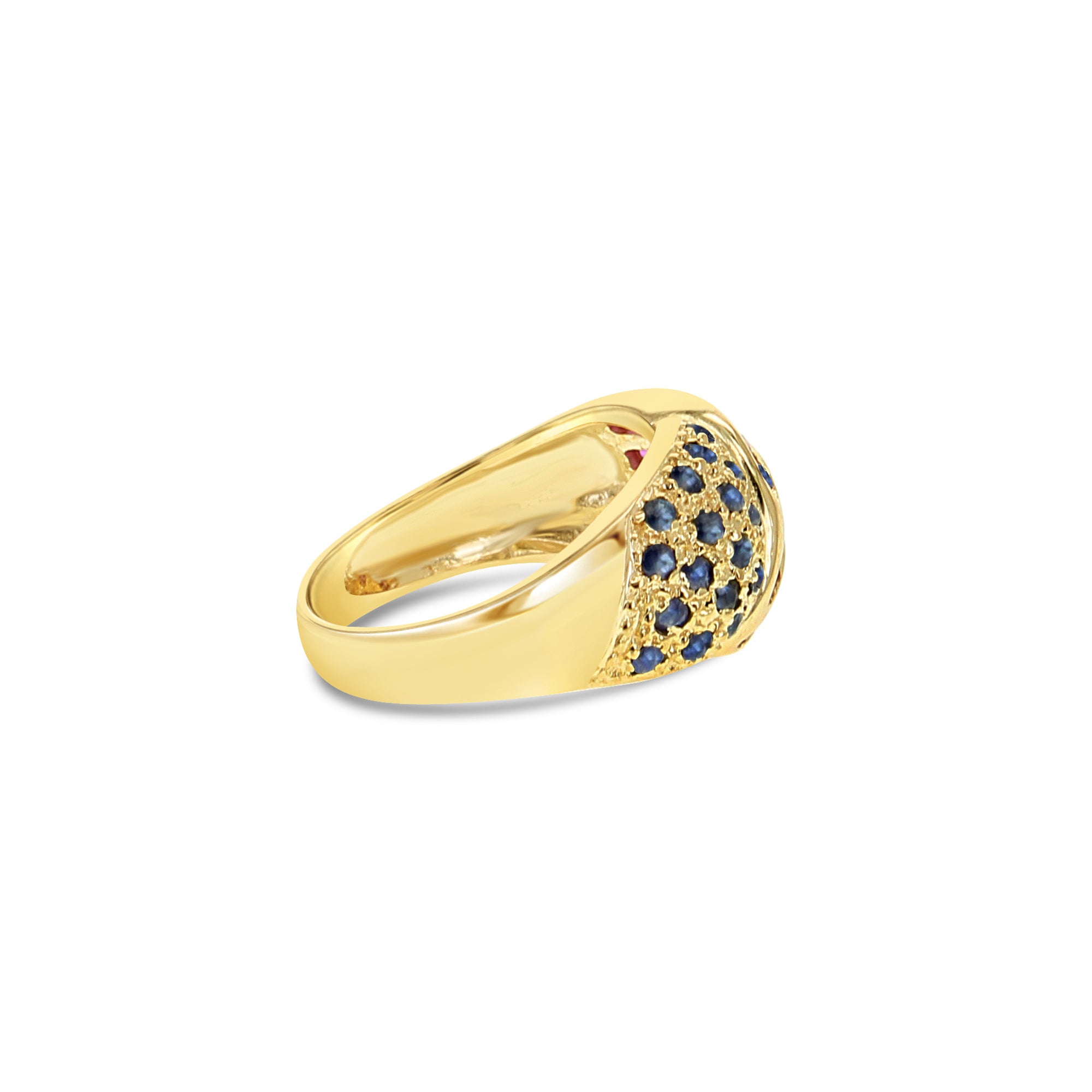 Anillo de cóctel con rubí y zafiro en oro amarillo de 14 k