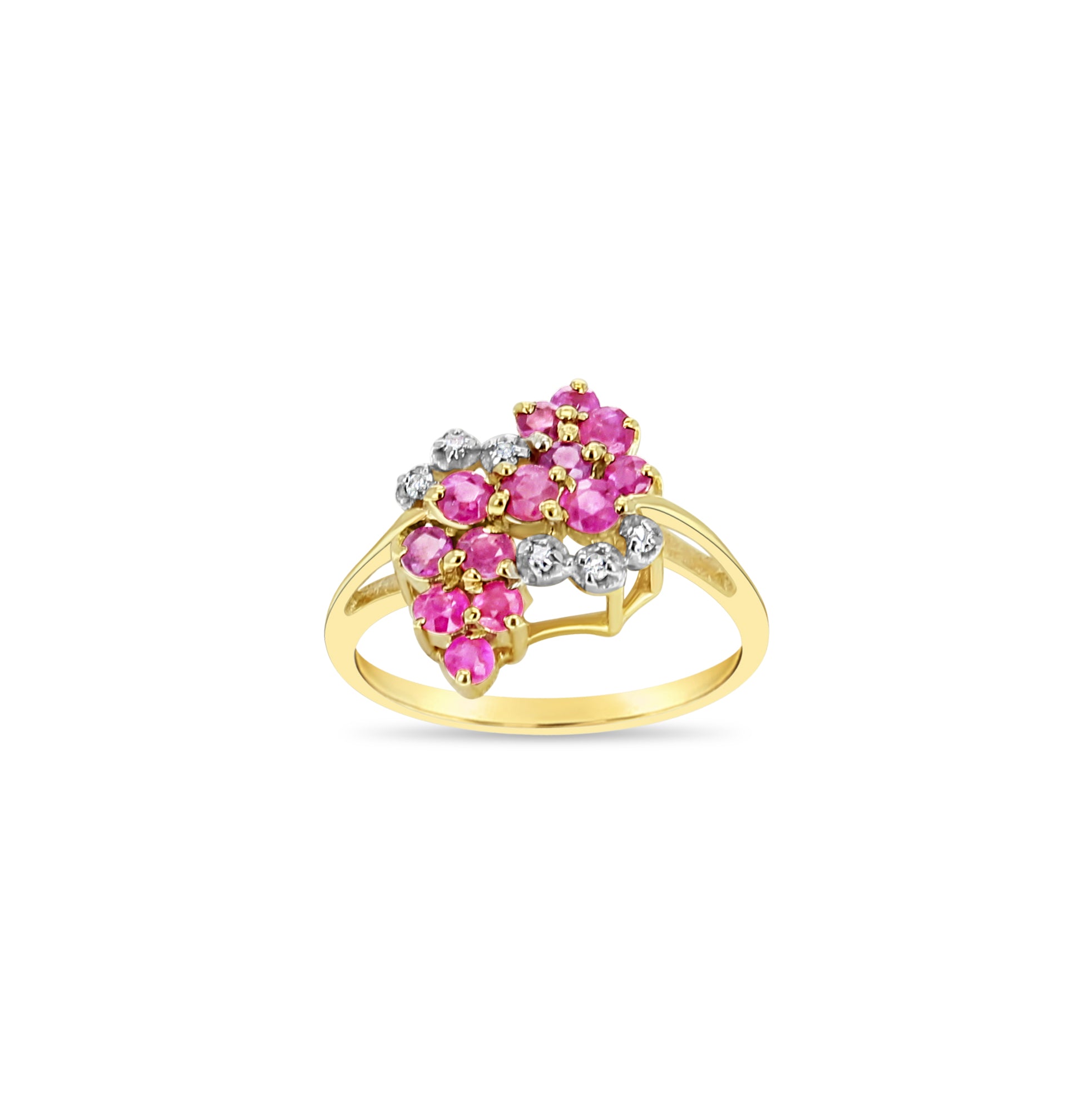 Anillo de cóctel con racimo de diamantes y rubíes en oro amarillo de 14 k