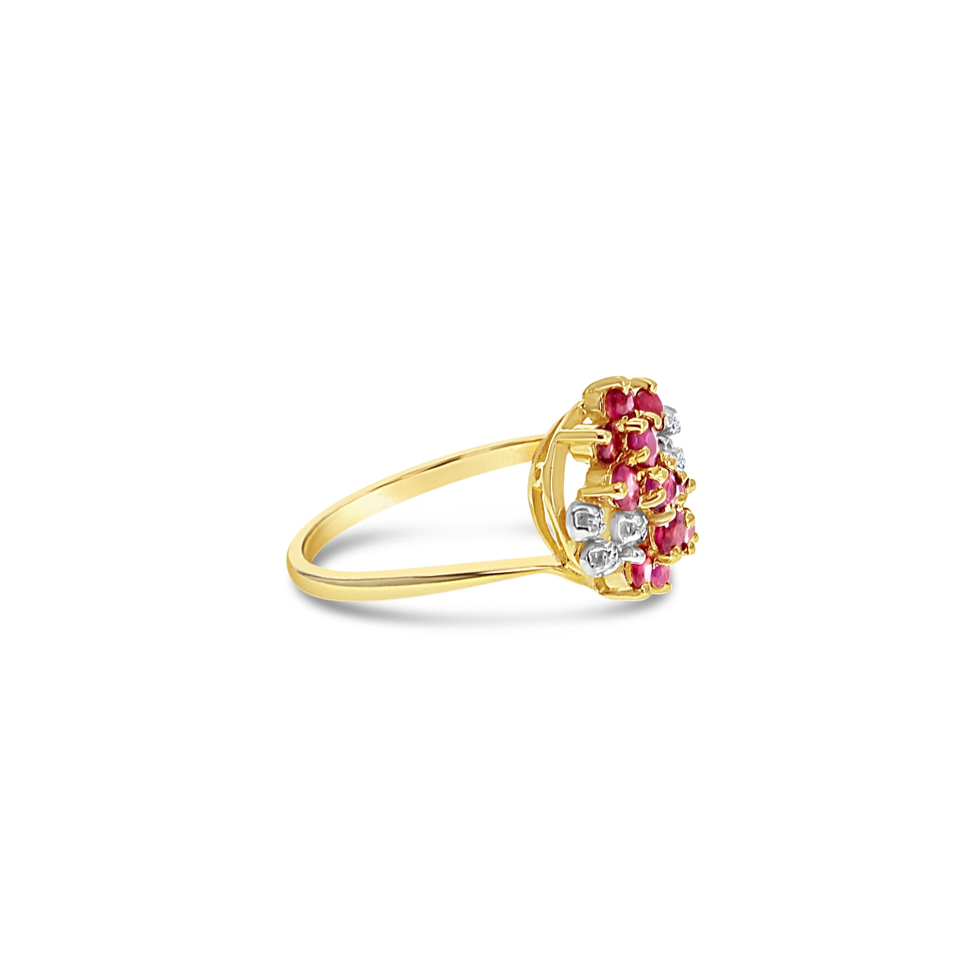Anillo de oro amarillo de 14 k con racimo de diamantes y rubíes