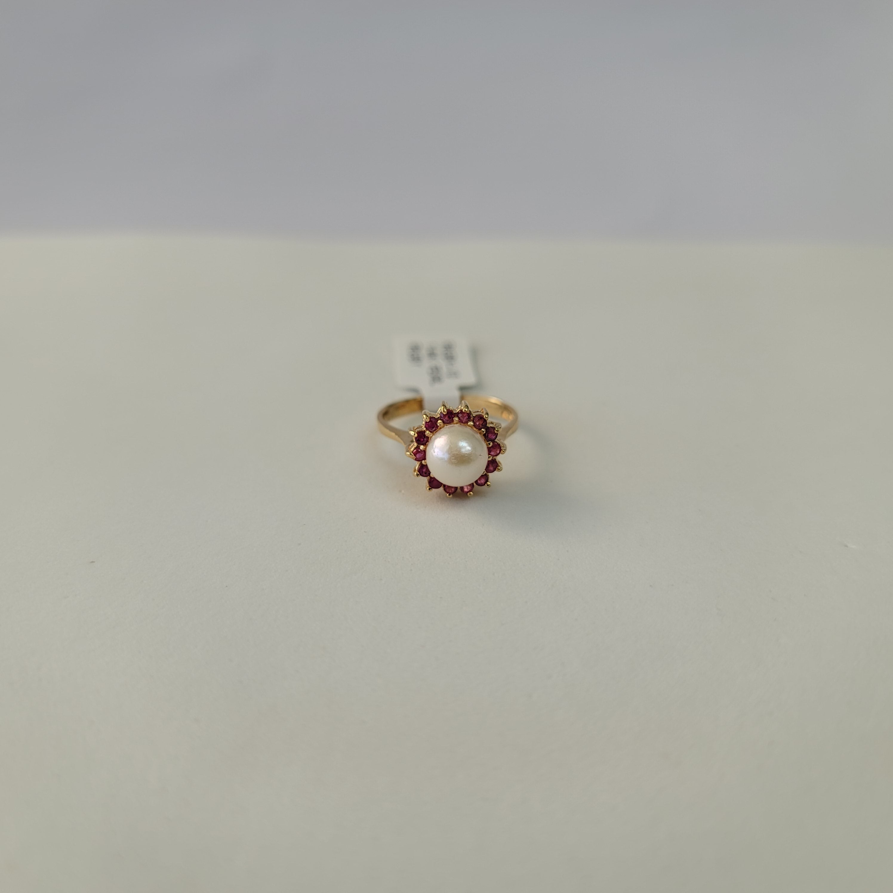 Freshwater Pearl & Ruby Halo Ring 14k Yellow Gold