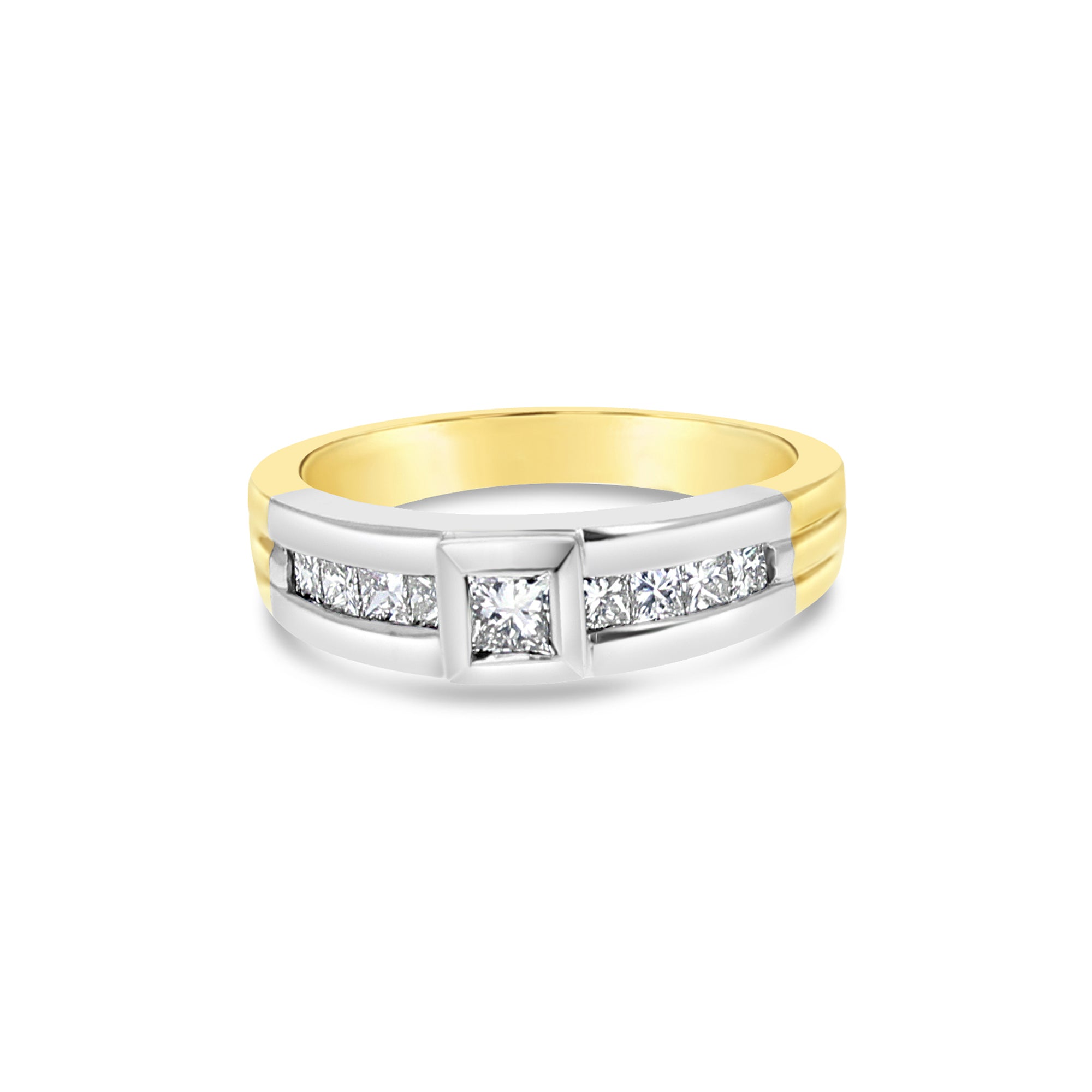 Alianza de boda con diamantes de talla princesa de dos tonos