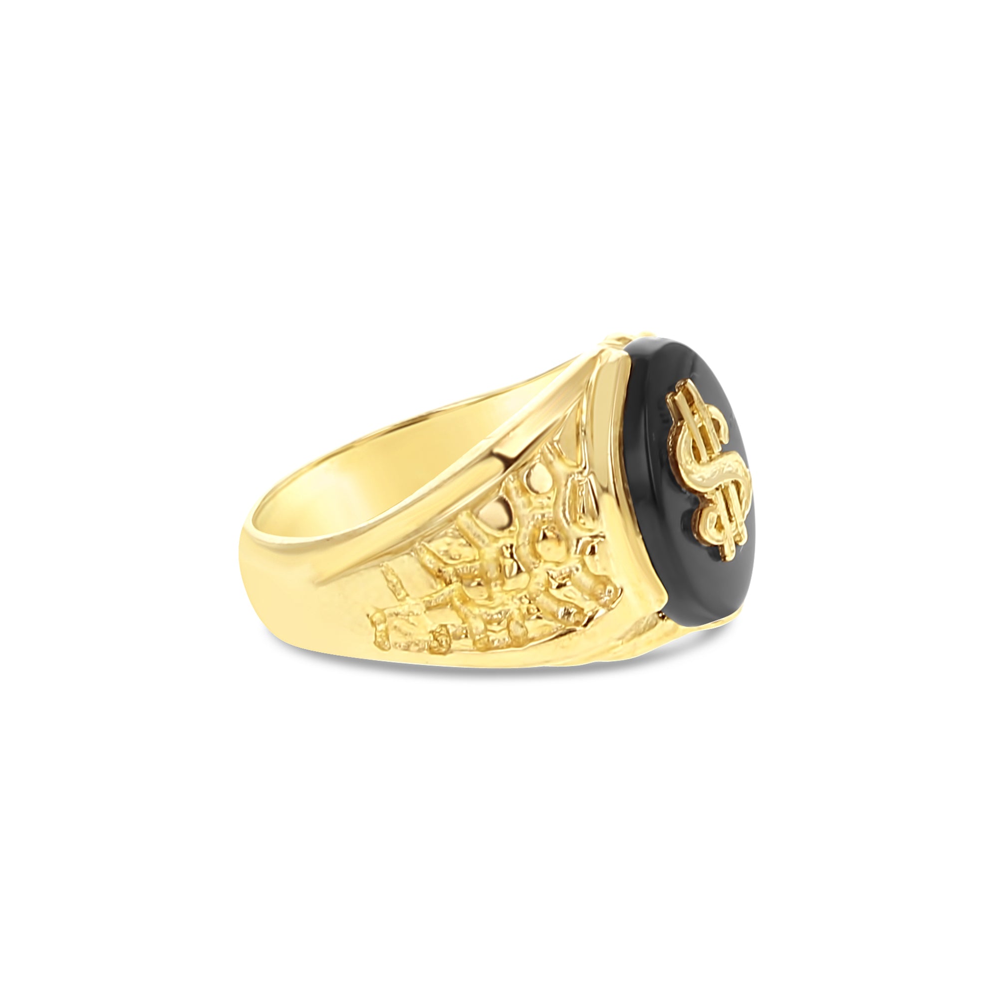 Anillo con sello de ónix y símbolo de dinero en oro amarillo de 10 k