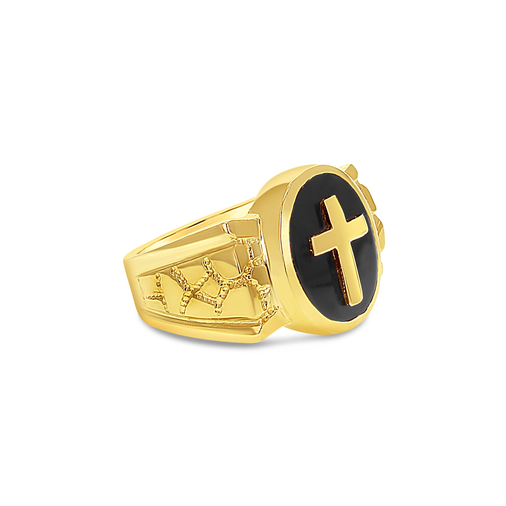 Bague homme croix en onyx en or jaune 14 carats
