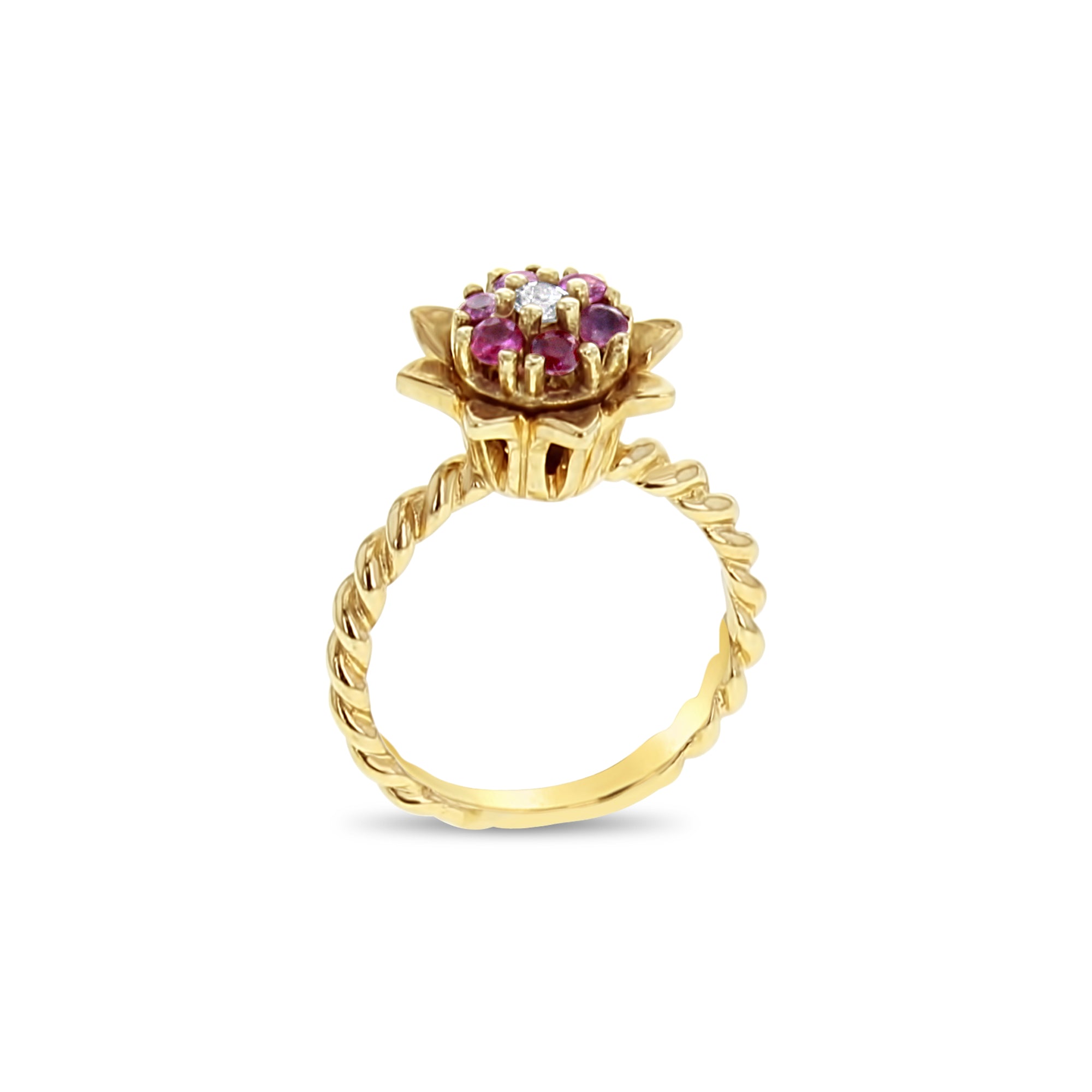 Anillo de oro amarillo de 14 k con tulipán y rubí mediano