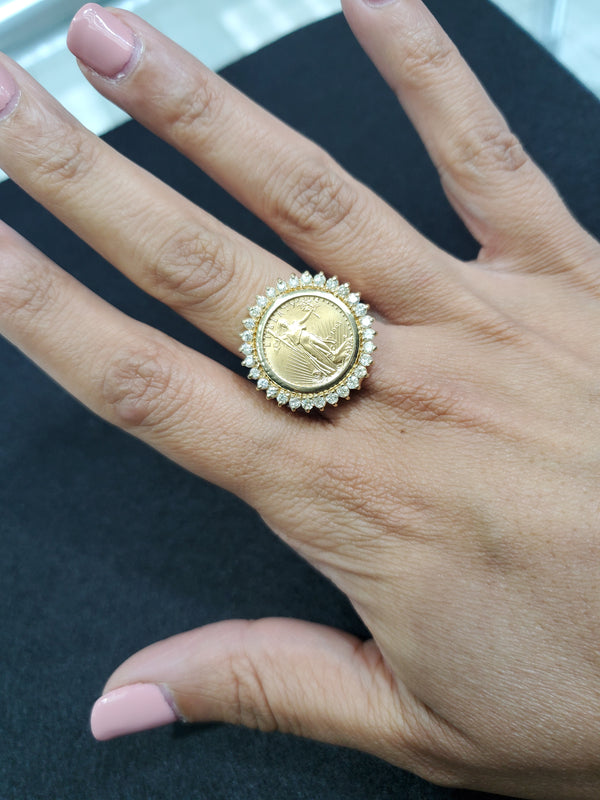 22K Fine Gold Lady Liberty Coin Ring w/ Diamond Halo 1/10 OZ US .66cttw 14k Yellow Gold