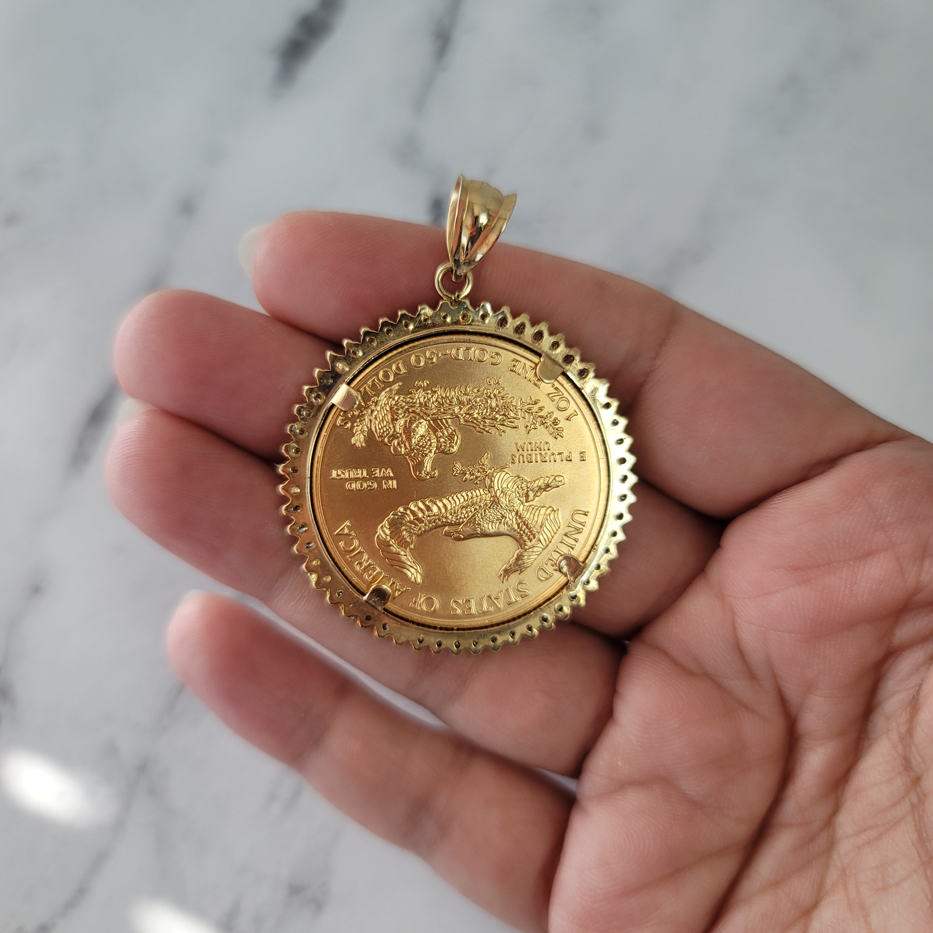 1OZ Fine Gold Lady Liberty Medallion Necklace with Diamond Halo