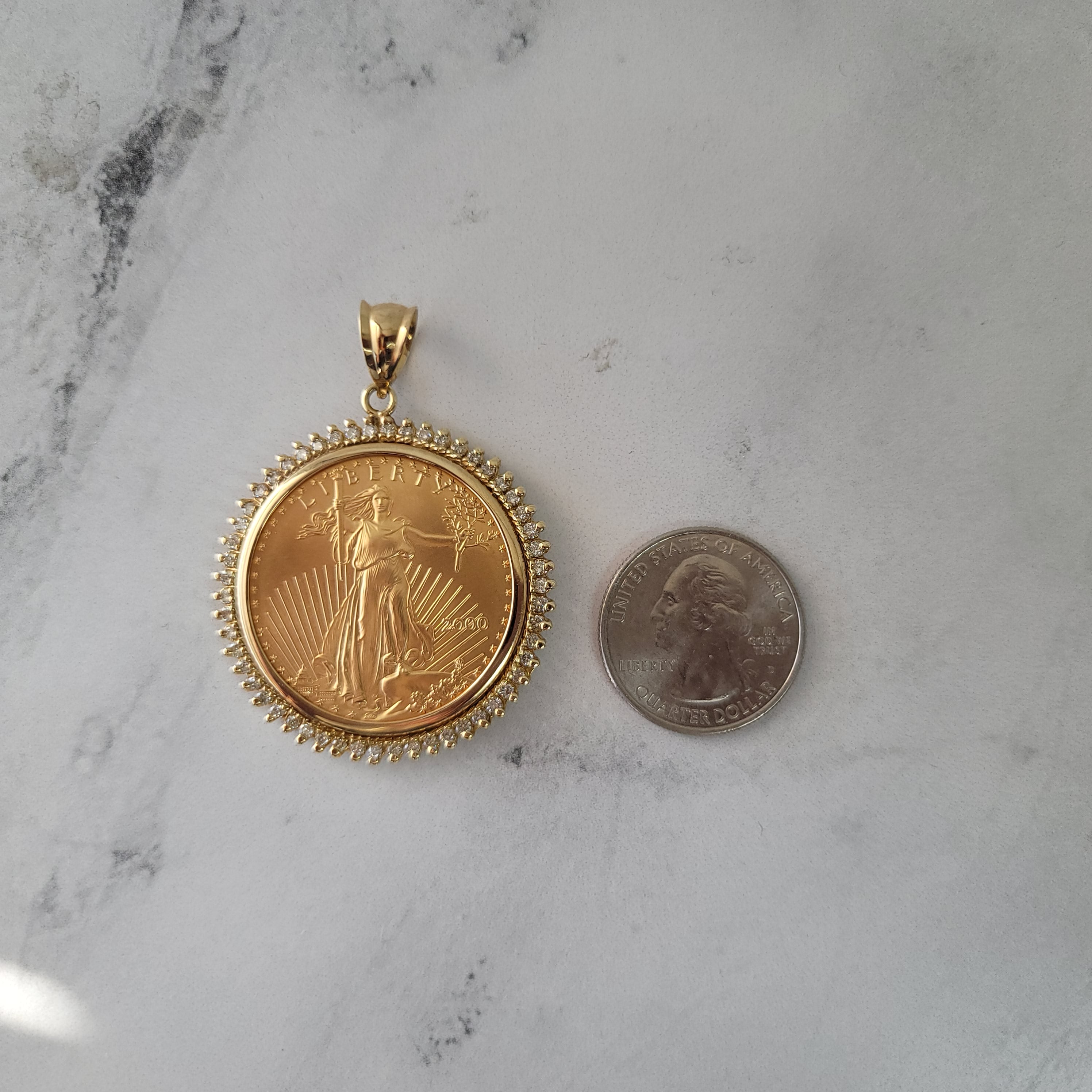 1OZ Fine Gold Lady Liberty Medallion Necklace with Diamond Halo