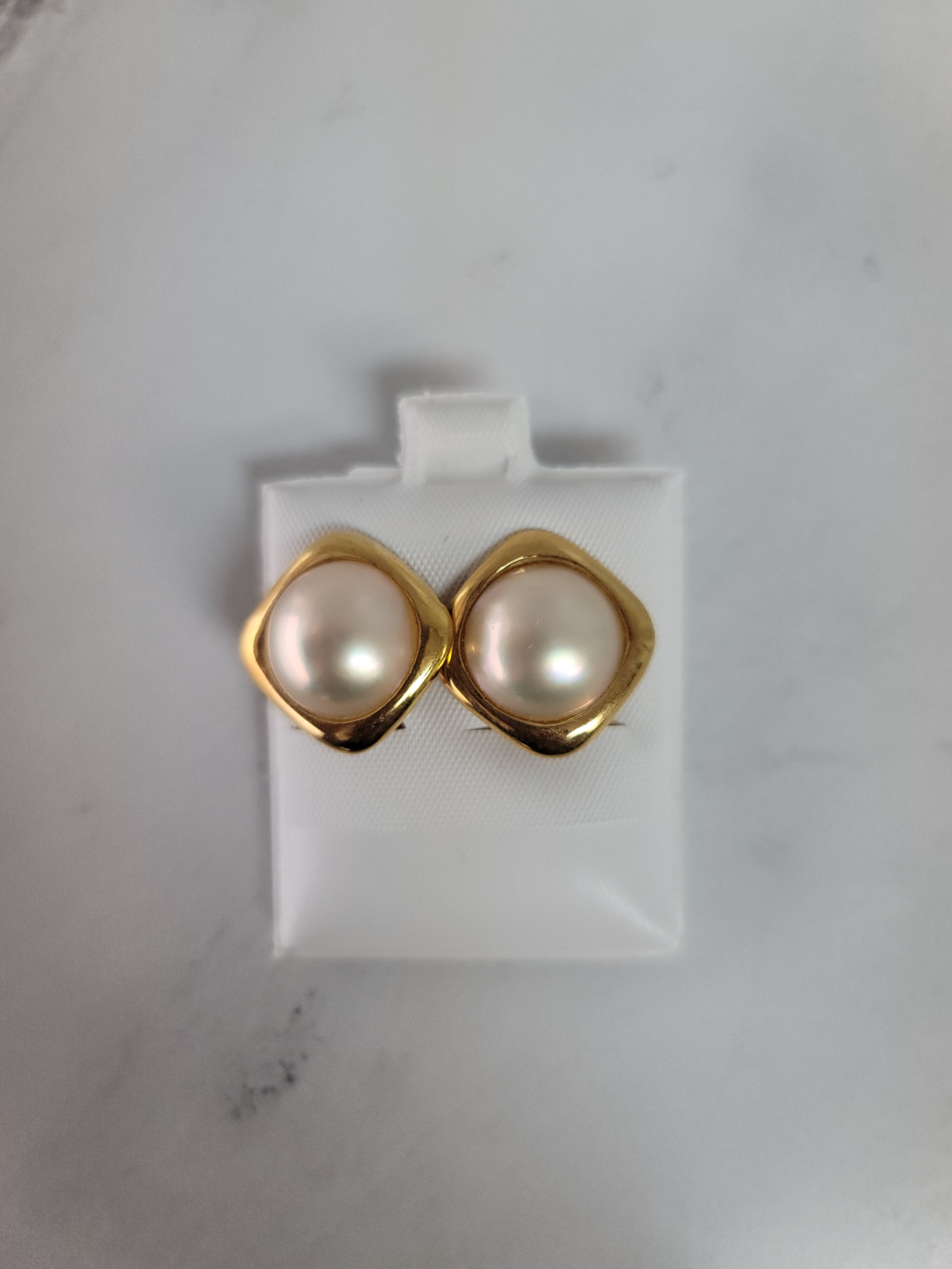 Round Mabe Pearl Omega Clip On Earrings with Square Gold Polished setting 14k Yellow Gold