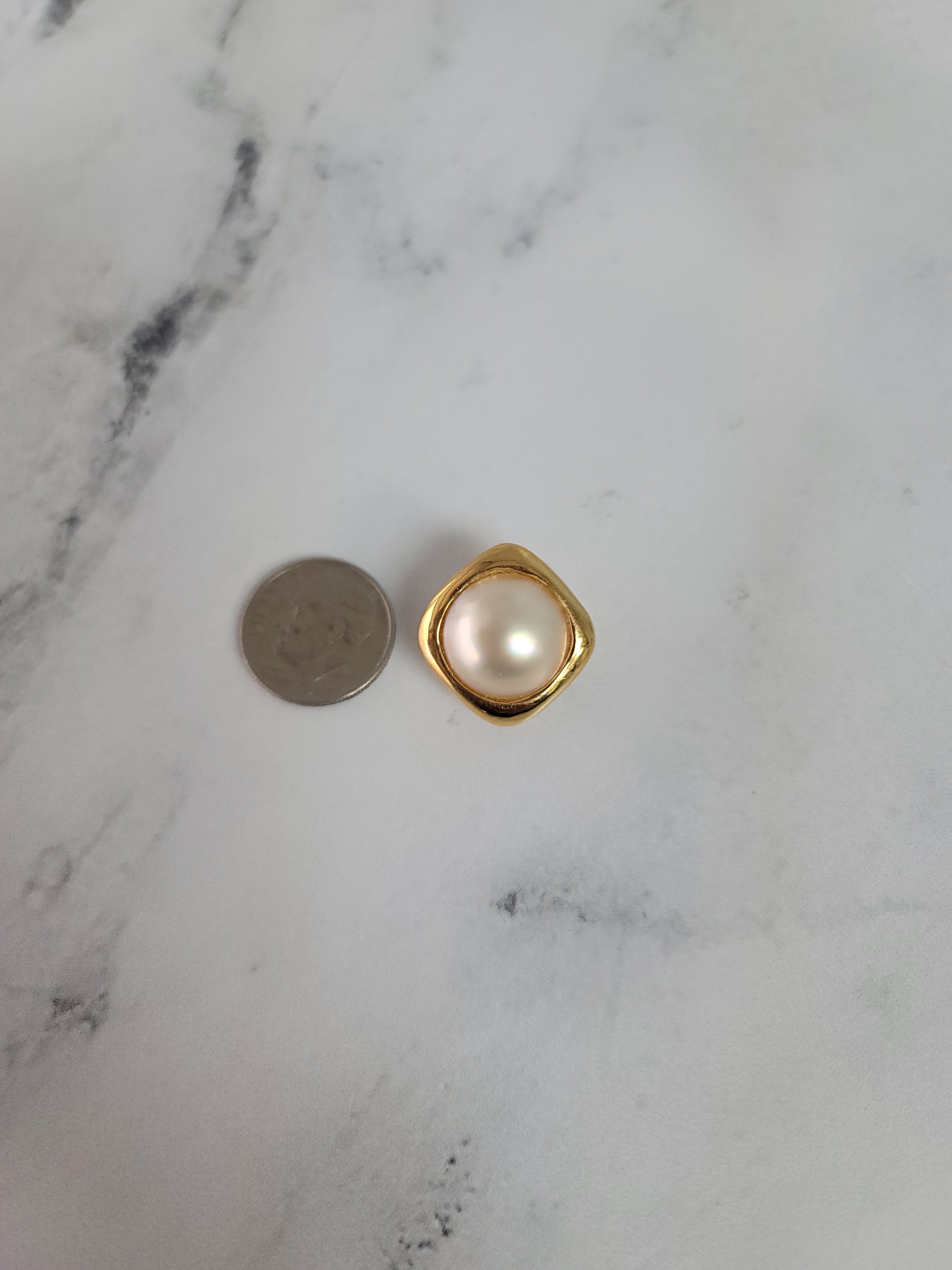 Round Mabe Pearl Omega Clip On Earrings with Square Gold Polished setting 14k Yellow Gold
