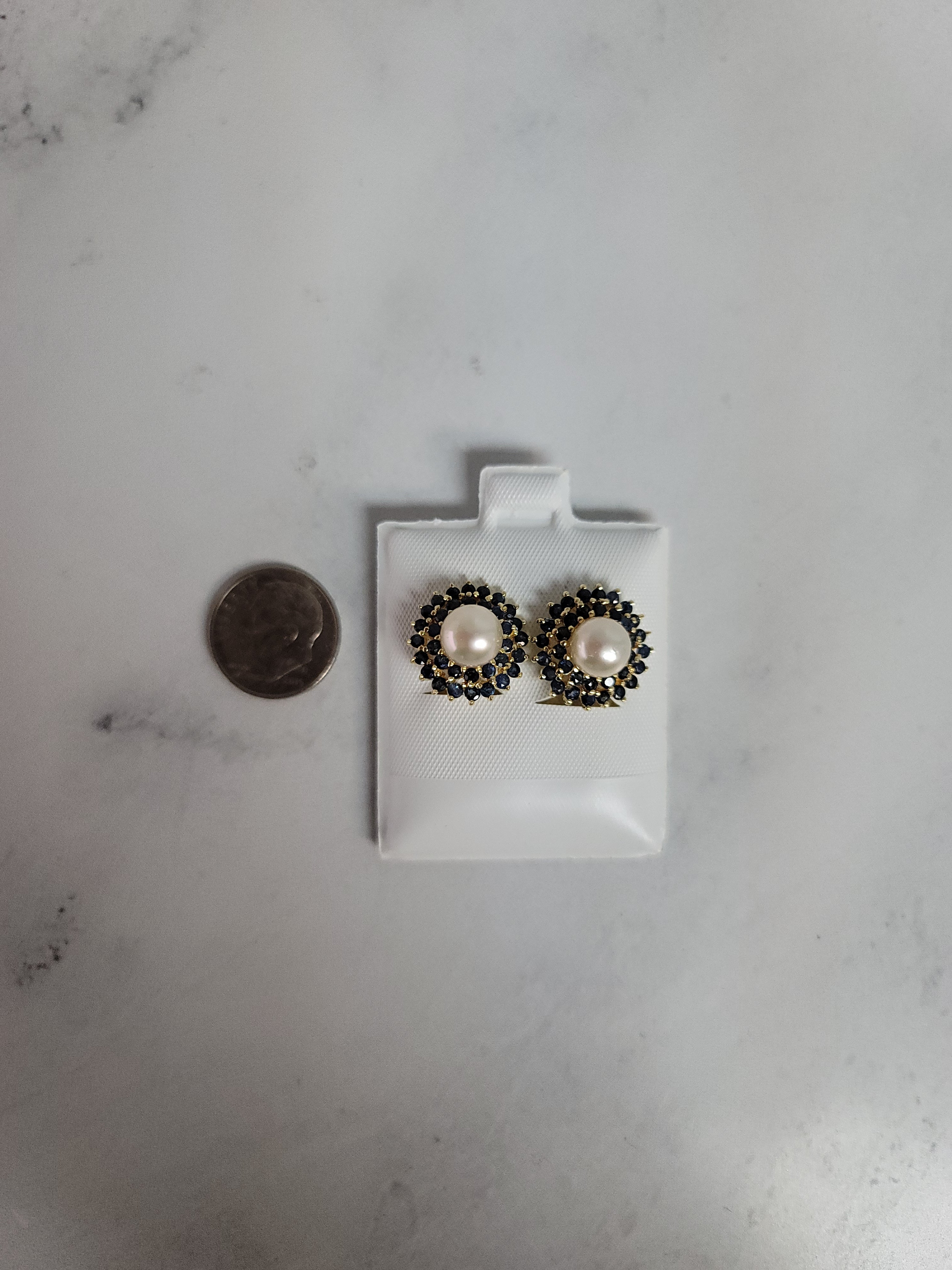 Freshwater Pearl Sapphire Earrings  14k Yellow Gold