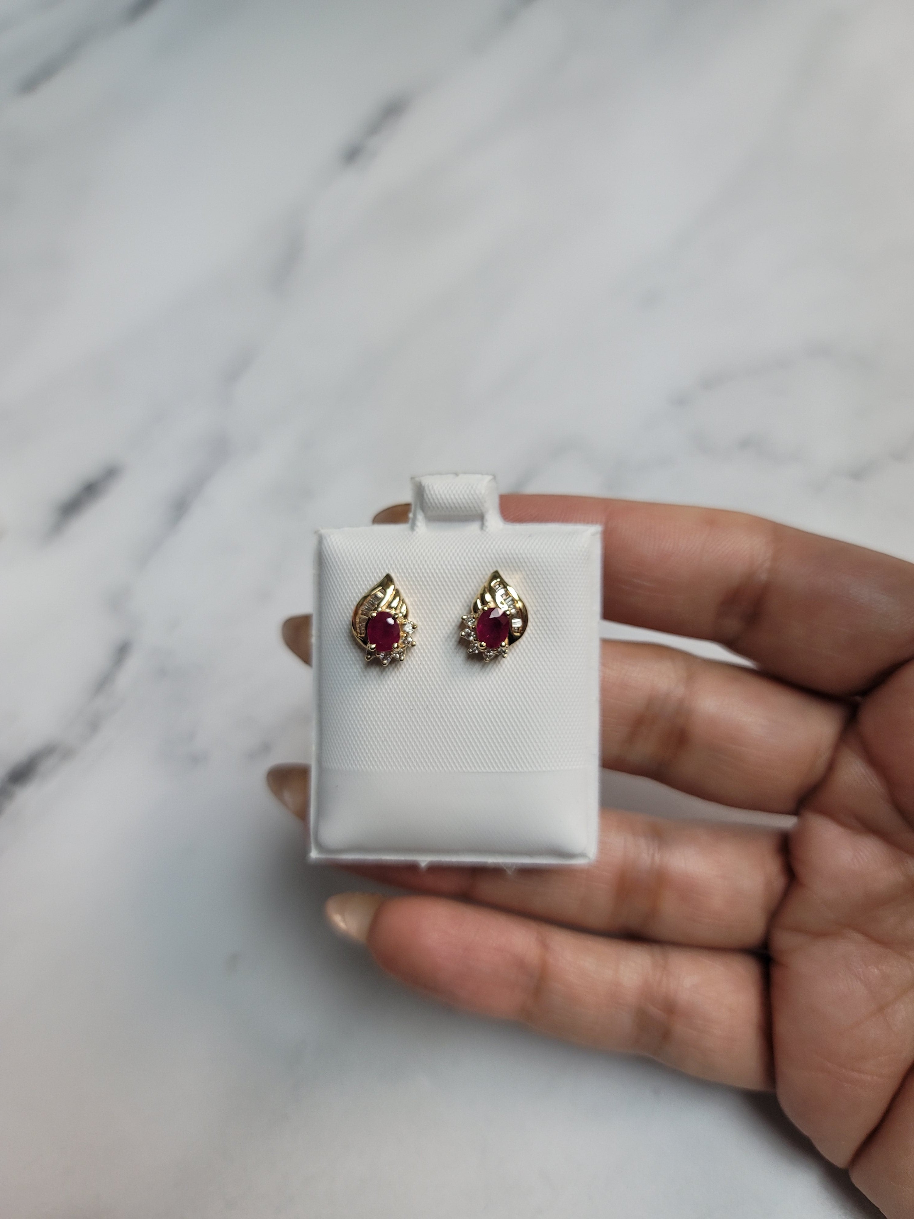 Oval Ruby Earrings with Baguette Diamond Accents .30cttw 14k Yellow Gold