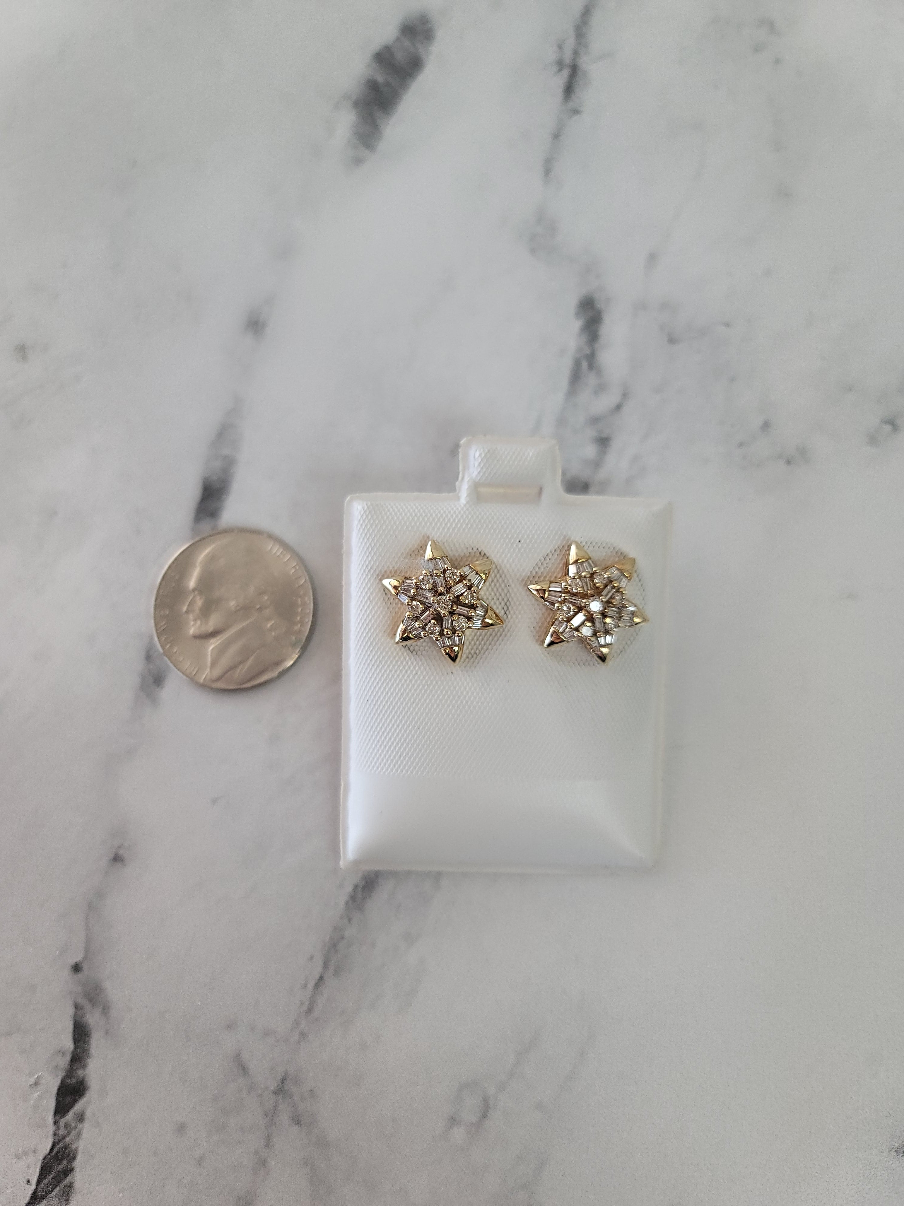 Star Shaped Baguette Diamond Earrings .77cttw 14k Yellow Gold