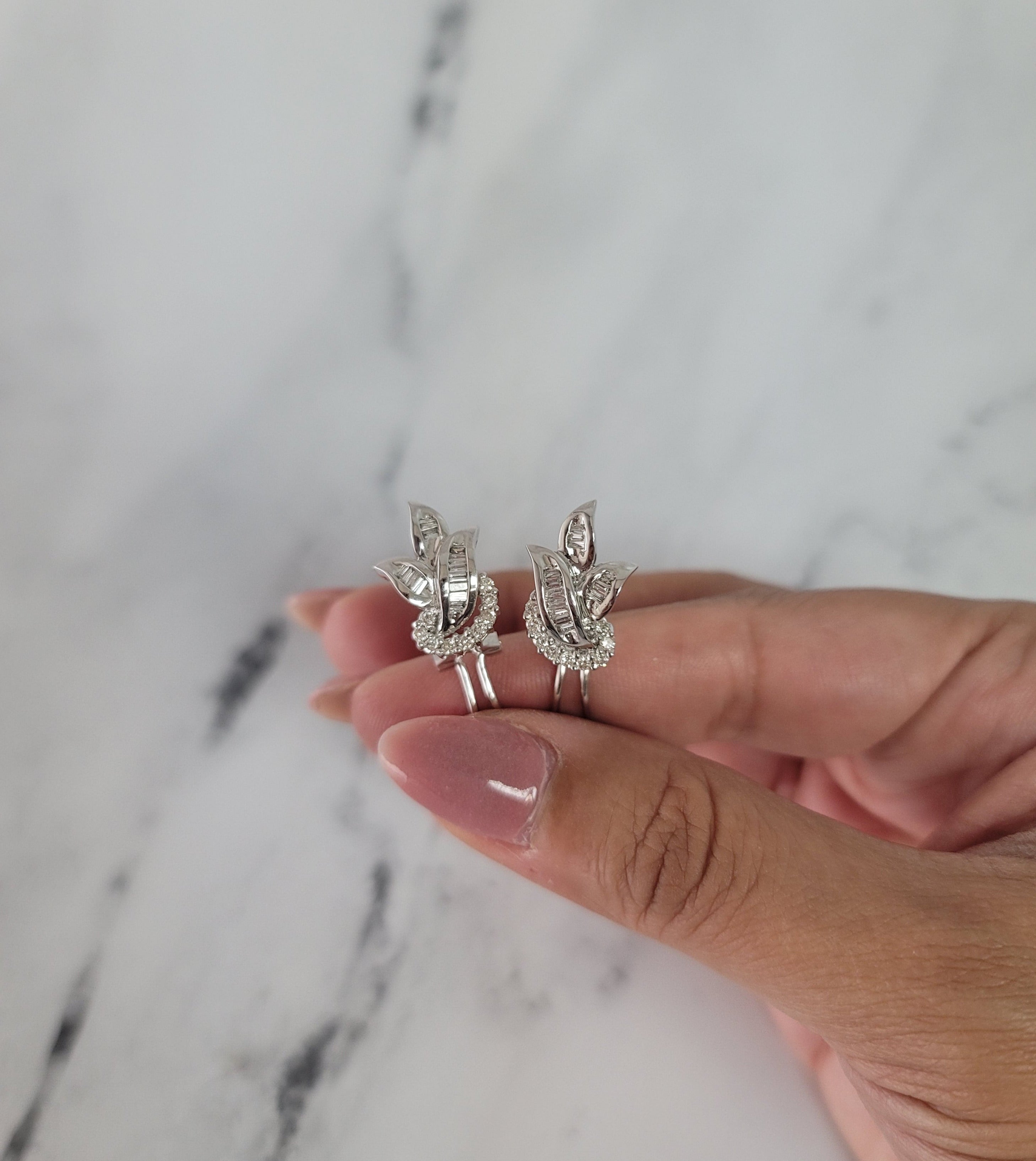 Baguette Diamond Leaf Shaped Lever Back Earrings .74cttw 14k White Gold