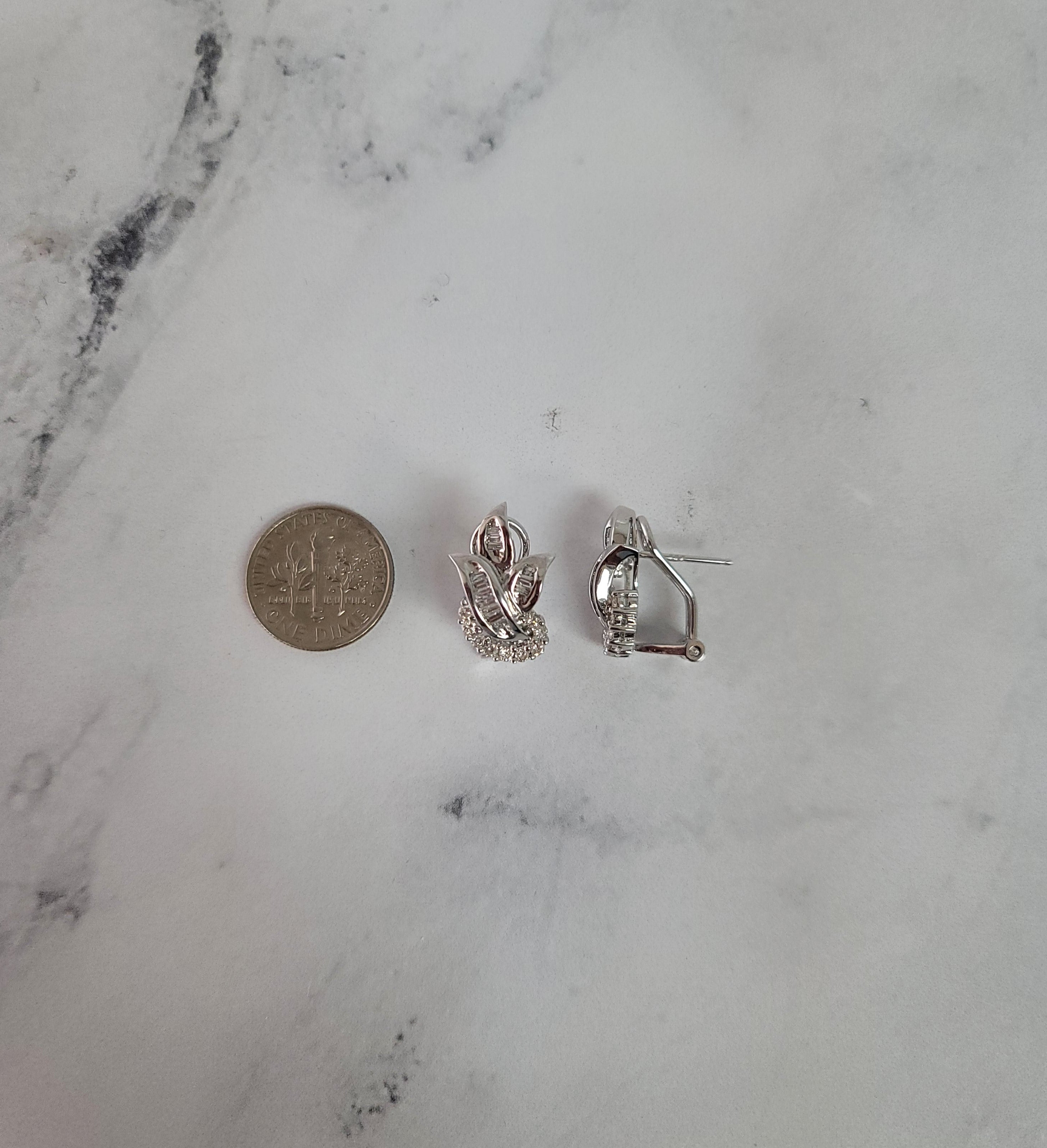 Baguette Diamond Leaf Shaped Lever Back Earrings .74cttw 14k White Gold