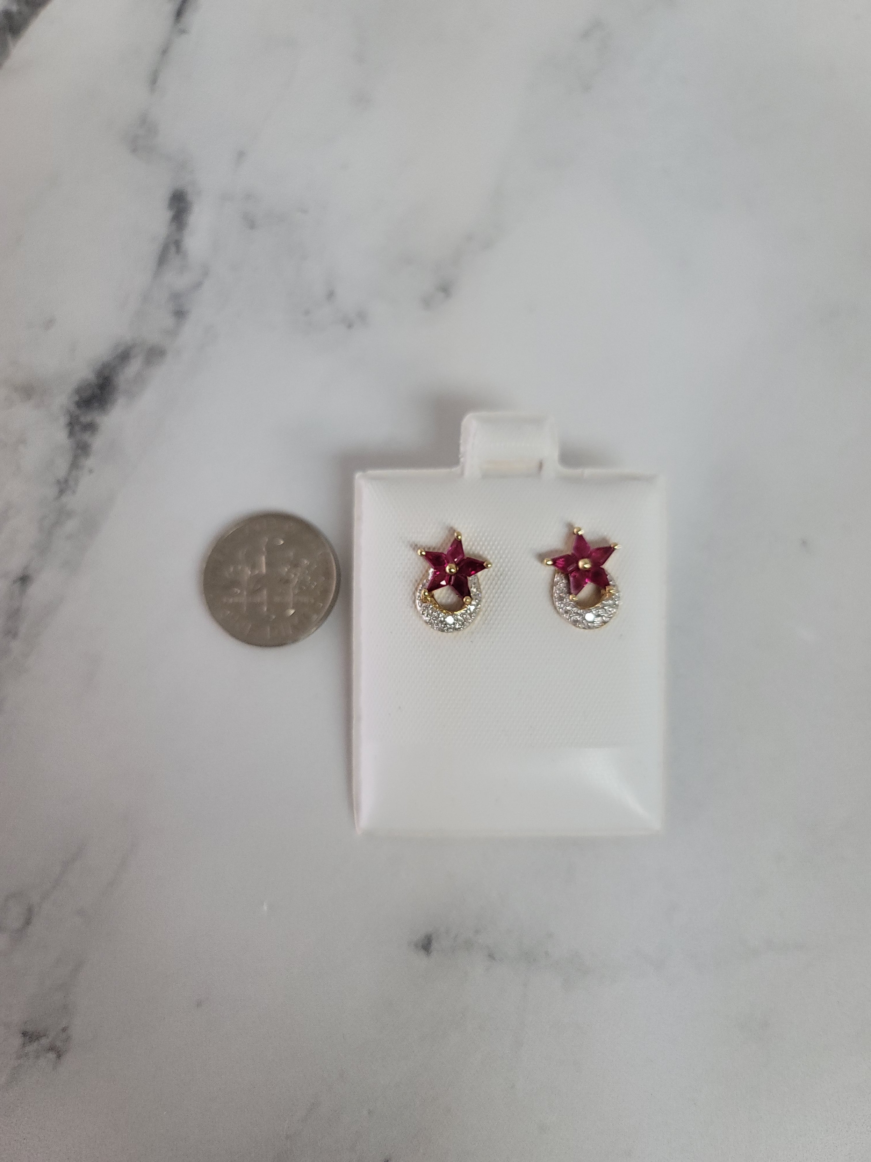 Briolette Ruby Star Shaped & Diamond Pave Crescent Studs 1.04cttw 14k Yellow Gold