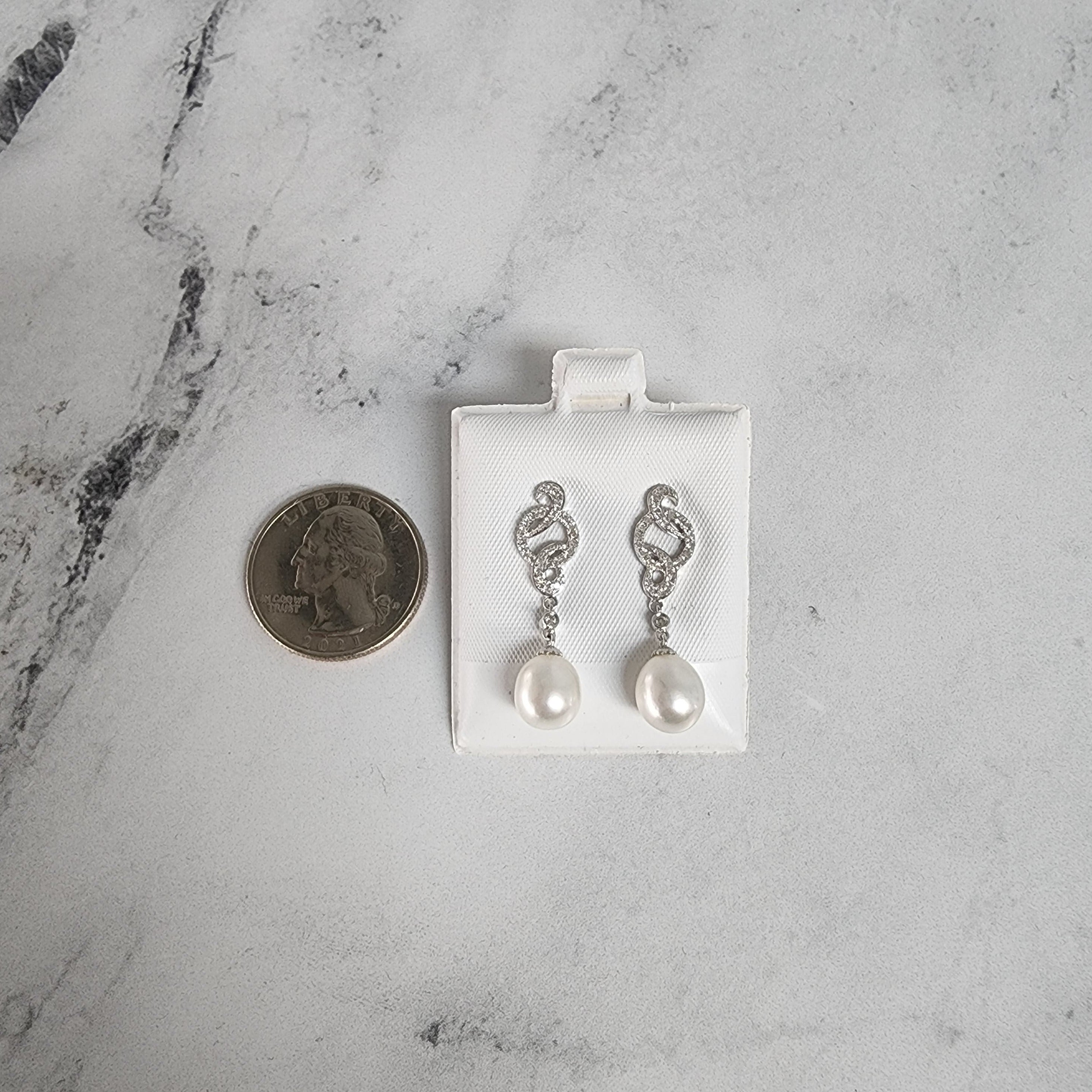 Diamond Pave & Pearl Drop Earrings .21cttw 14k White Gold