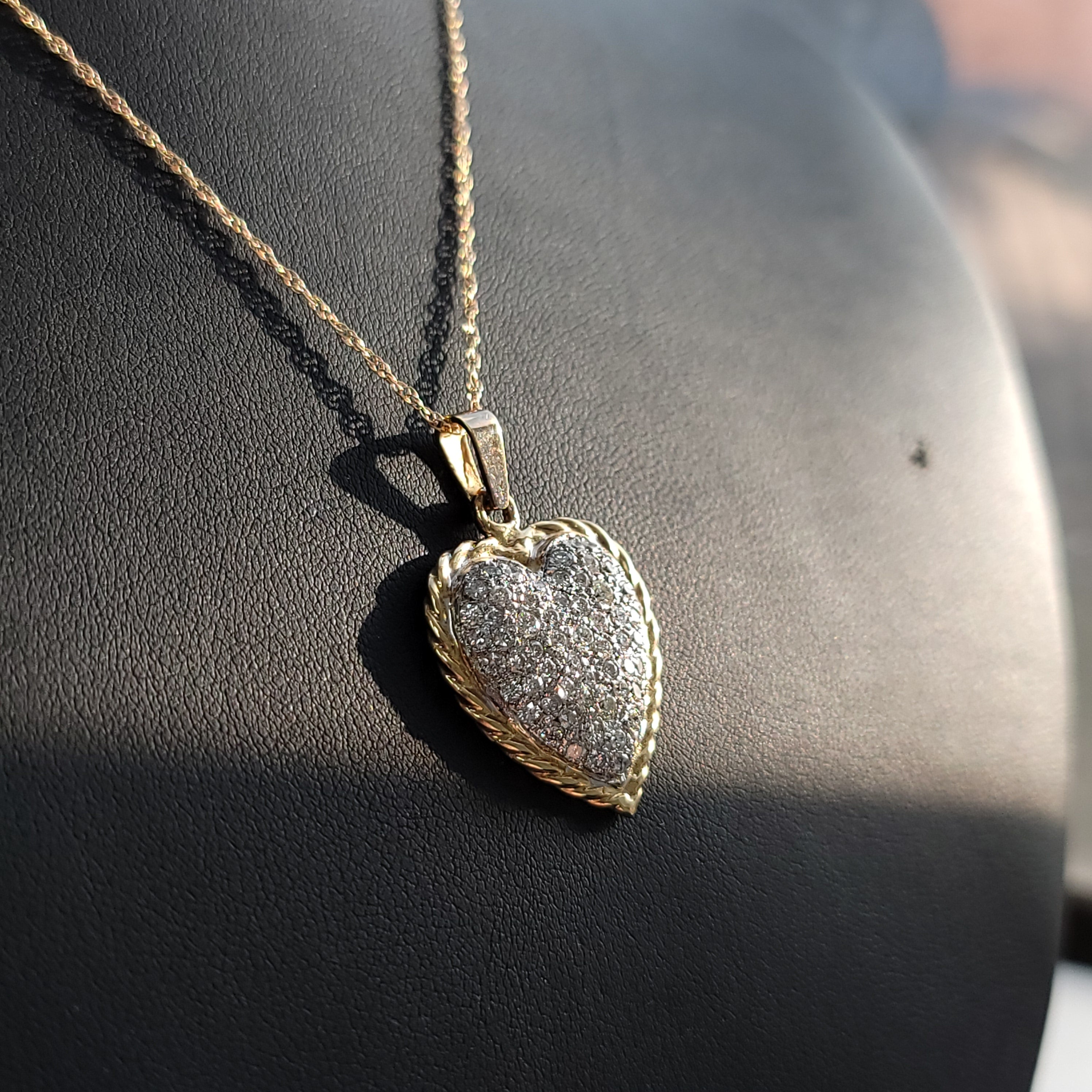 Diamond Encrusted Heart Pendant with Rope Outline 1.50cttw 14k Yellow Gold