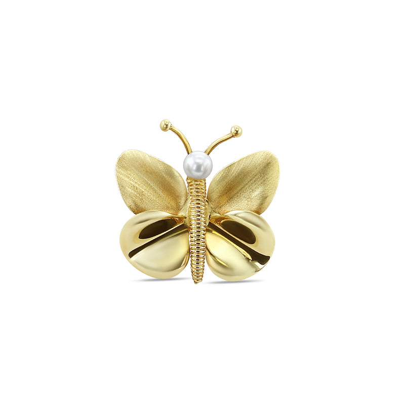 Broche de mariposa de oro y perla de 5 mm en oro amarillo de 14 k