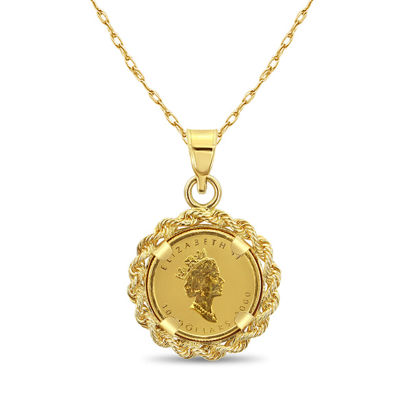 Canadian Maple Leaf Necklace with Rope Bezel 14k Yellow Gold